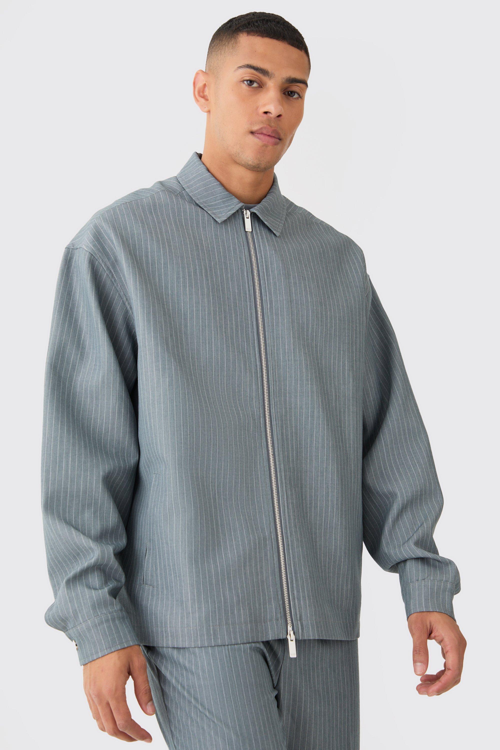Mens Grey Pinstripe Relaxed Fit Longline Smart Harrington Jacket, Grey