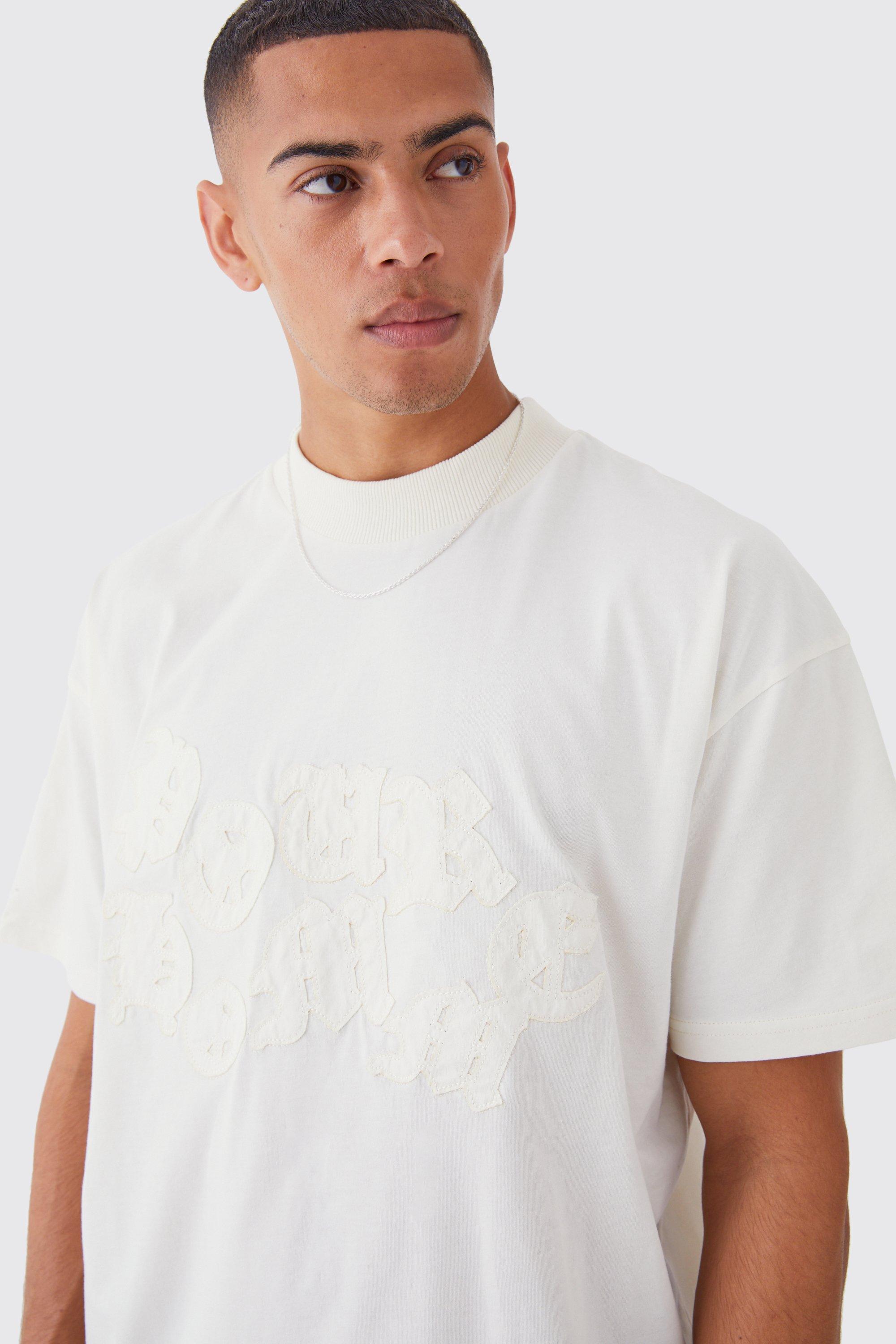 Mens Cream Oversized Raw Applique T-shirt, Cream