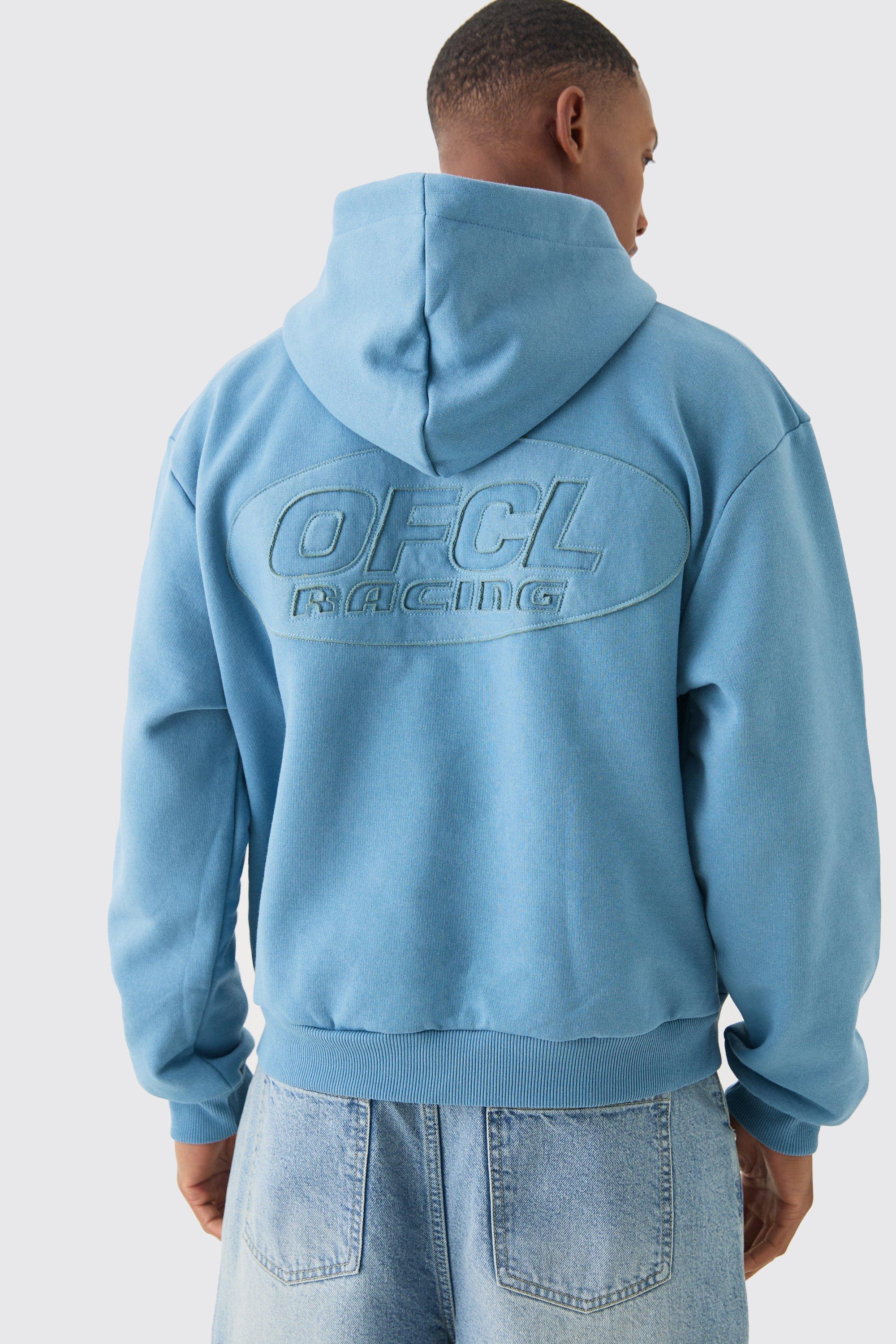 Mens Blue Oversized Boxy Raw Applique Hoodie, Blue