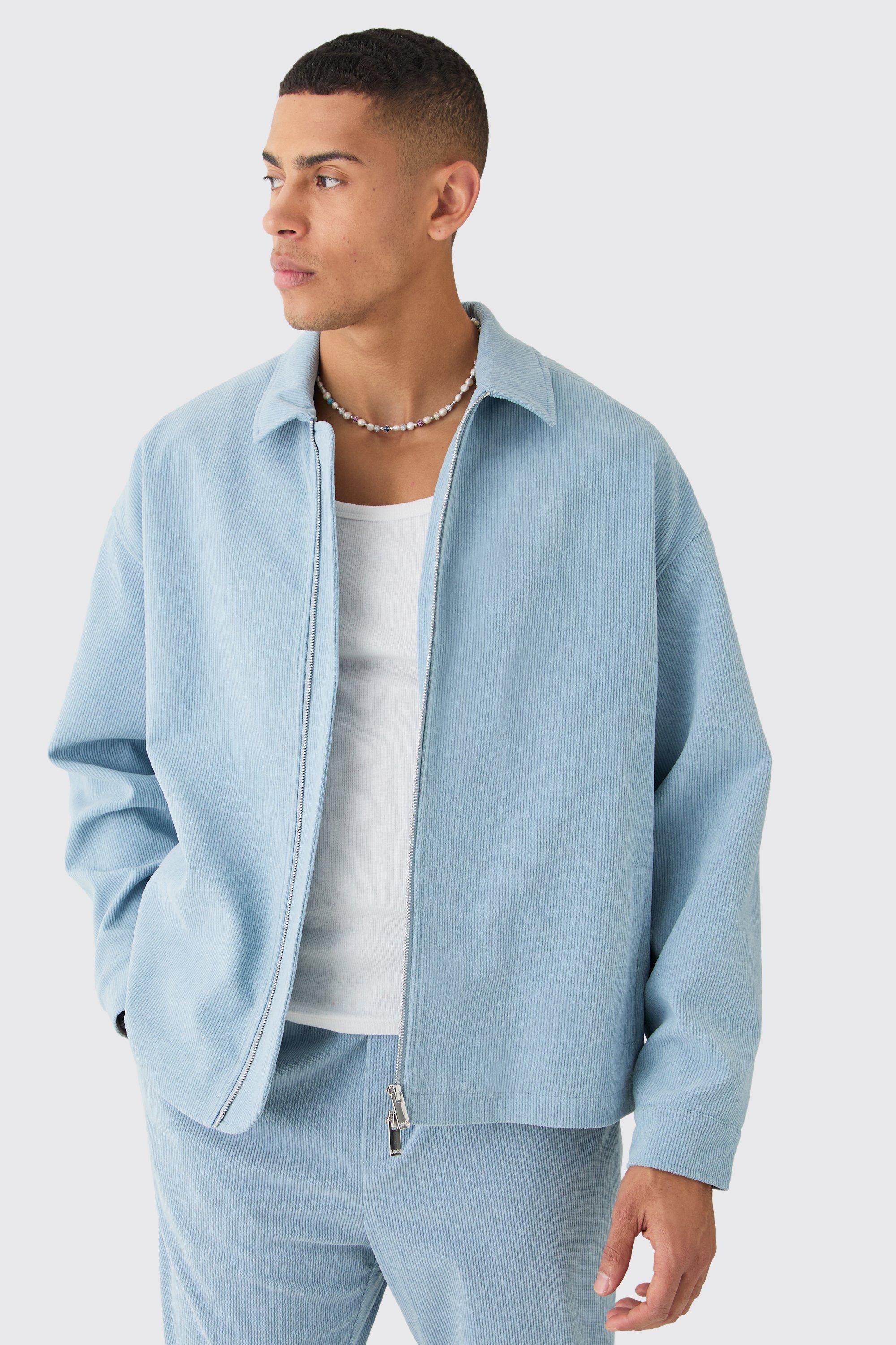mens blue corduroy boxy fit zip up harrington jacket, blue