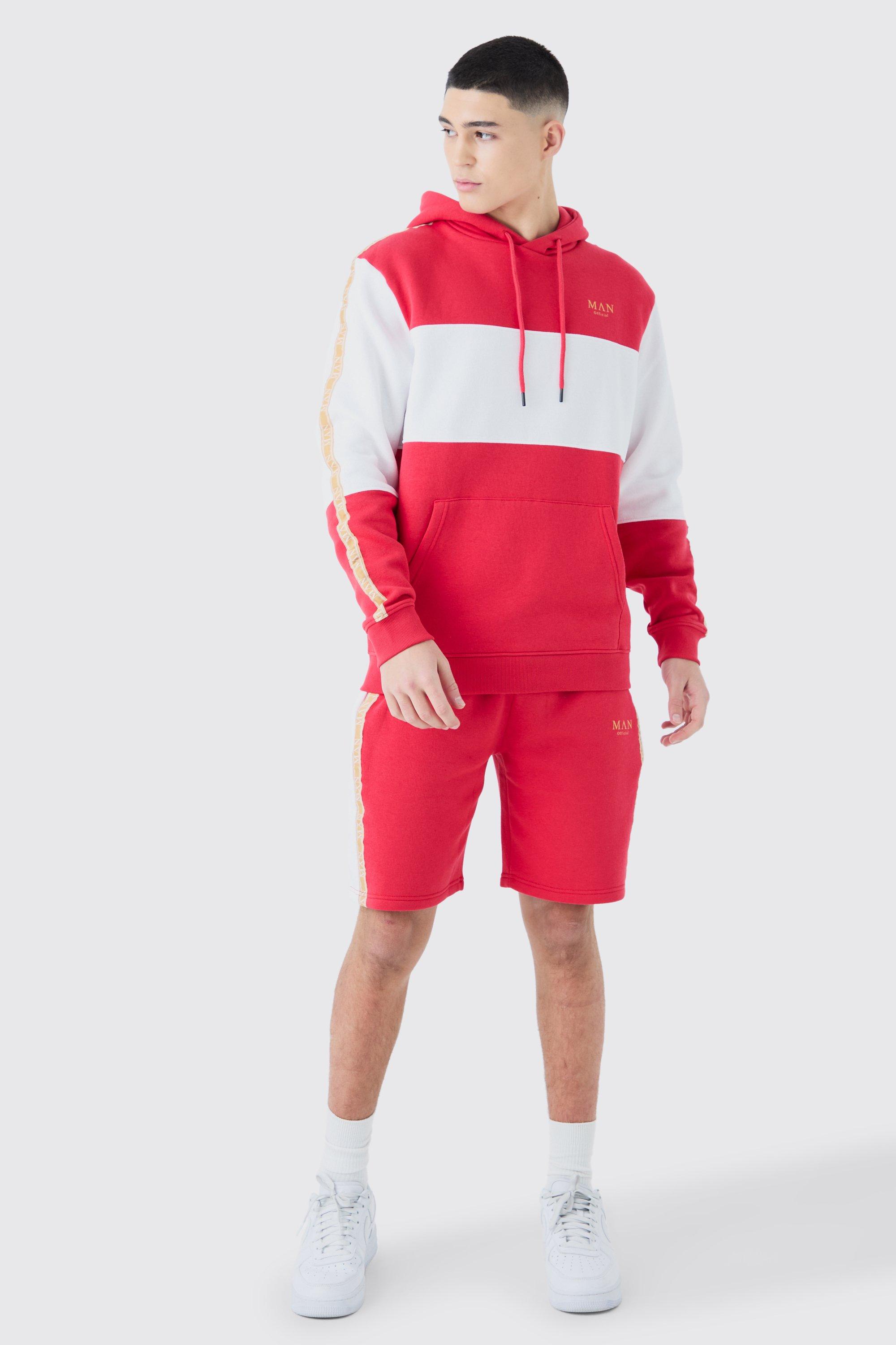 Mens Red Colour Block Man Tape Short Tracksuit, Red