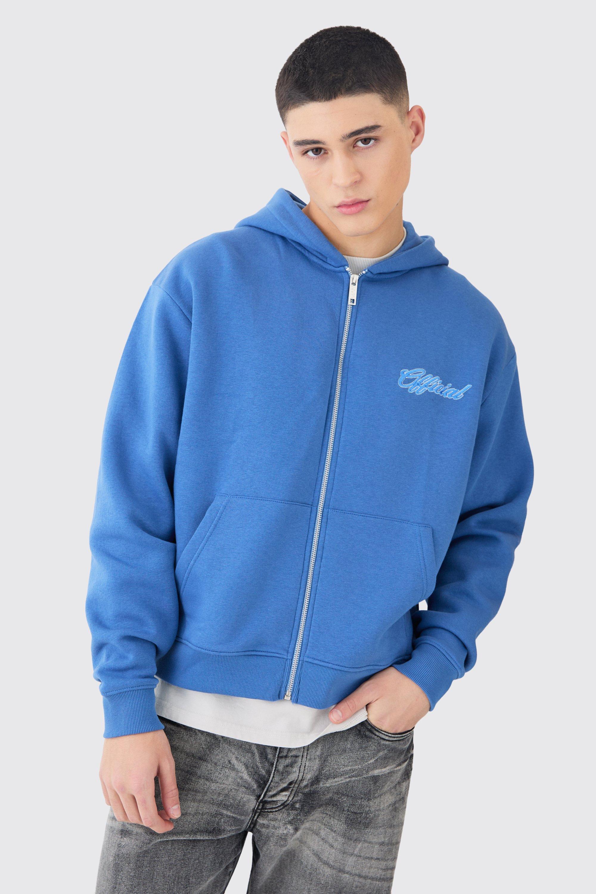 Mens Blue Official Boxy Fit Zip Through Hoodie, Blue