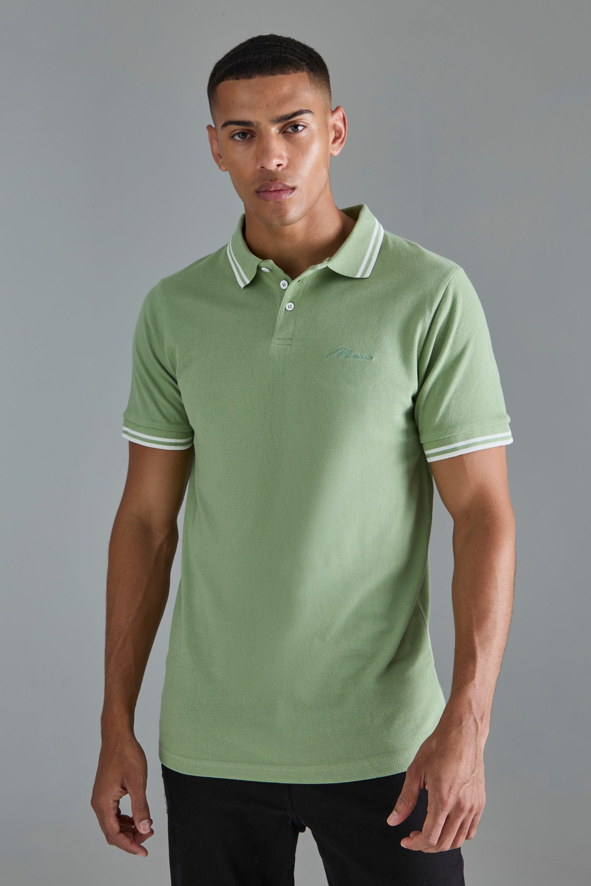 Mens Green Slim Fit Man Signature Tipped Pique Polo, Green
