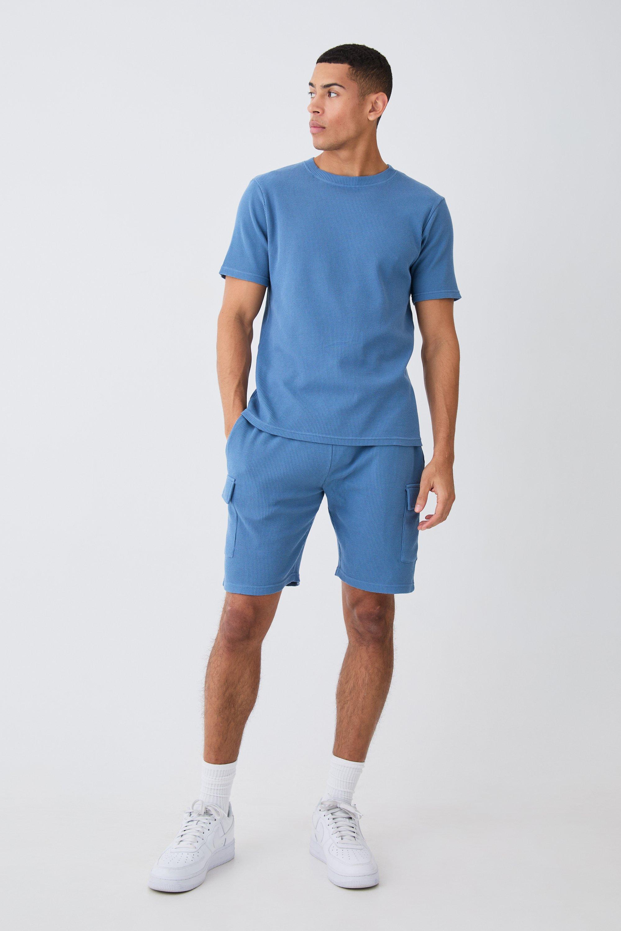 Image of Set T-shirt Slim Fit con trama a nido d'ape & pantaloncini Cargo, Azzurro