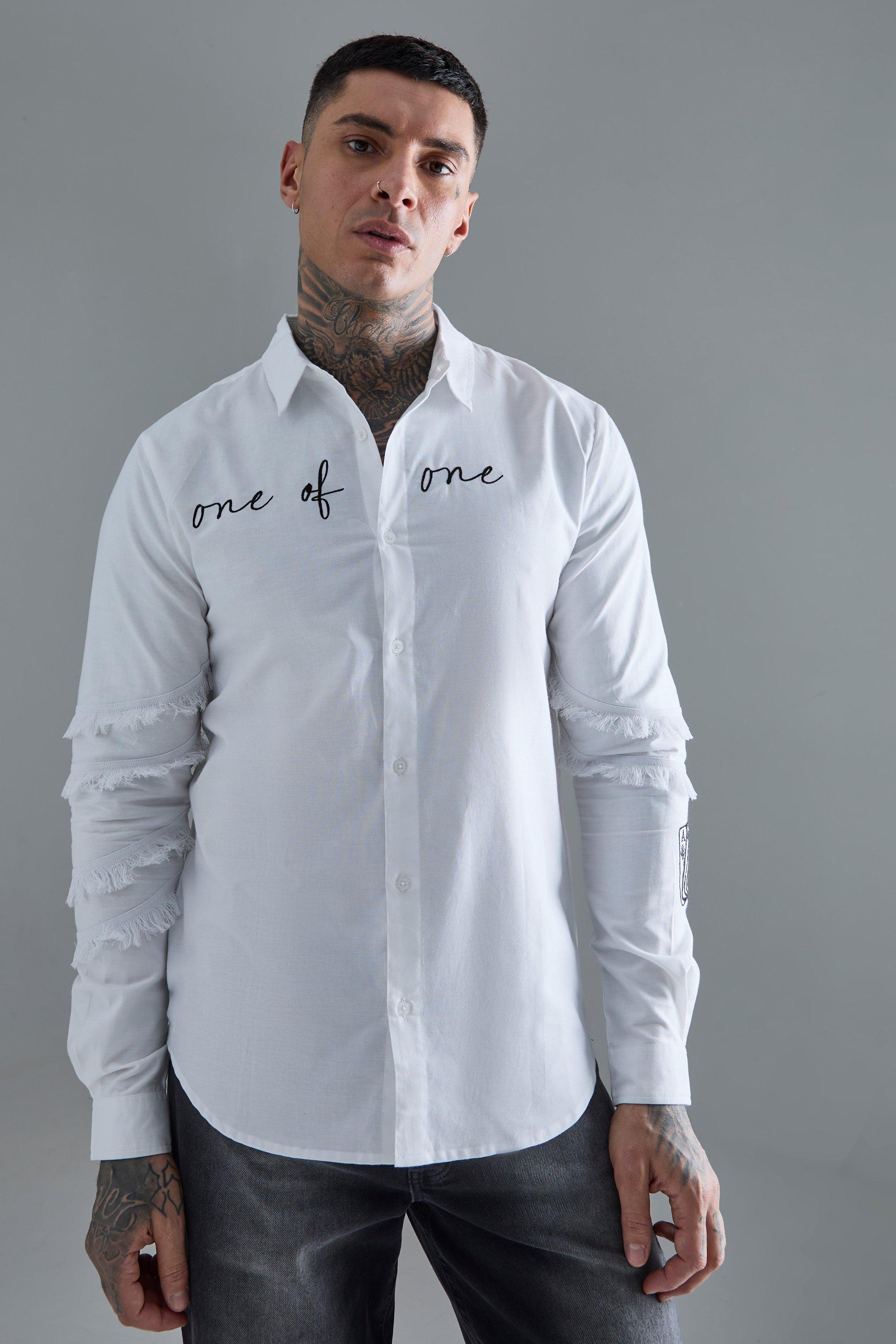 Mens White Tall Longsleeve One Of One Embroidered Shirt, White