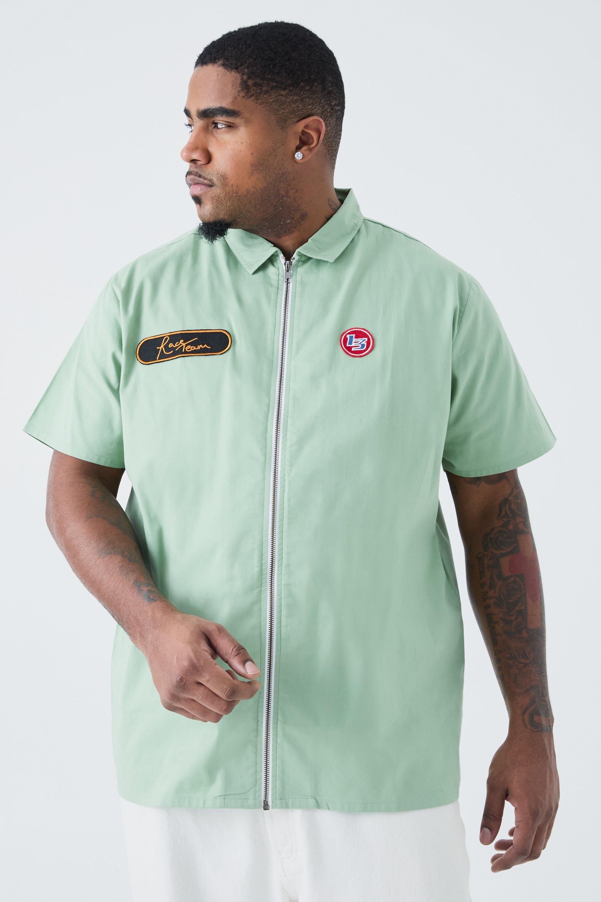 Image of Camicia da moto Plus Size a maniche corte in twill con zip, Verde