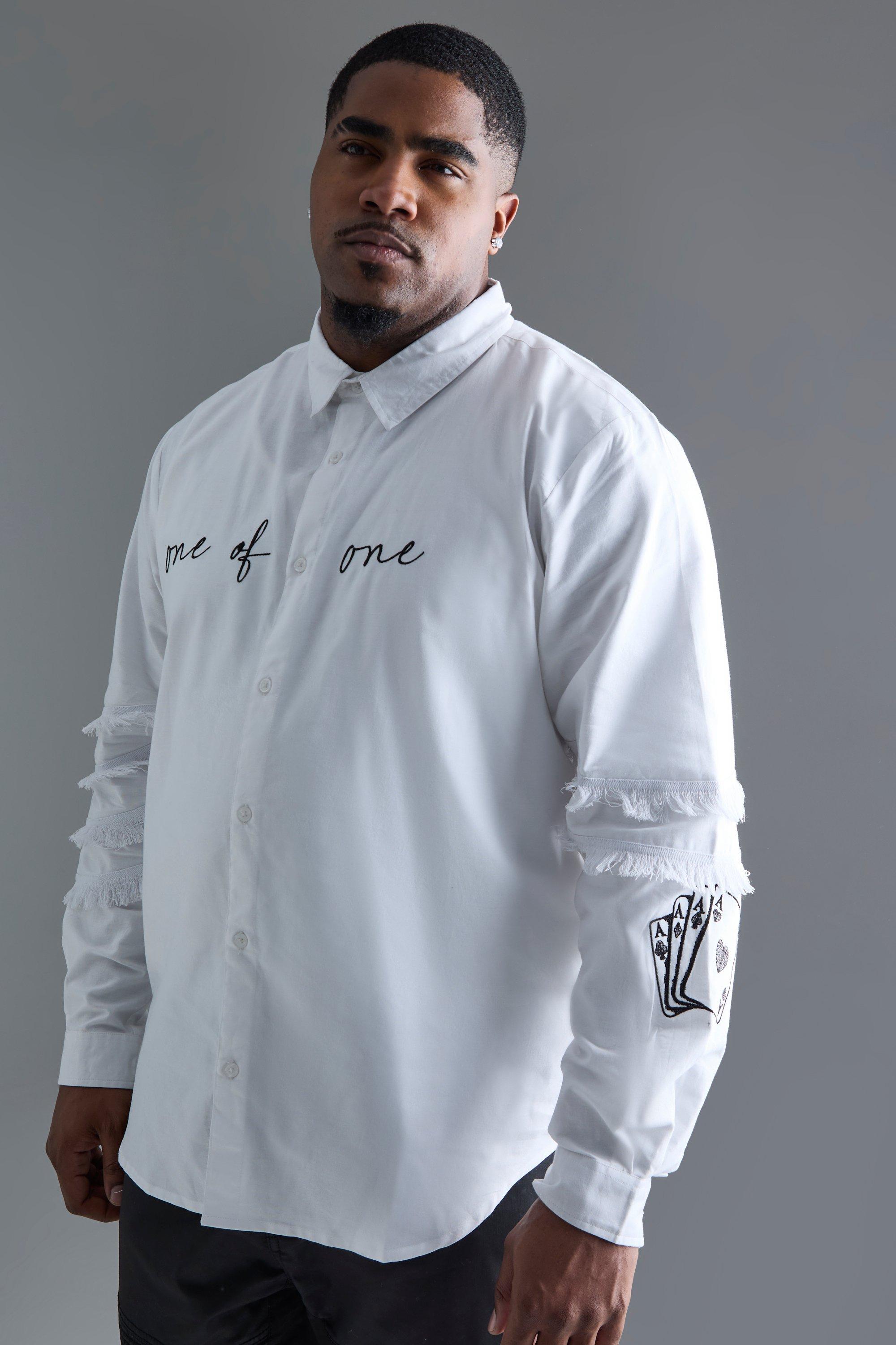 Mens White Plus Longsleeve One Of One Embroidered Shirt, White