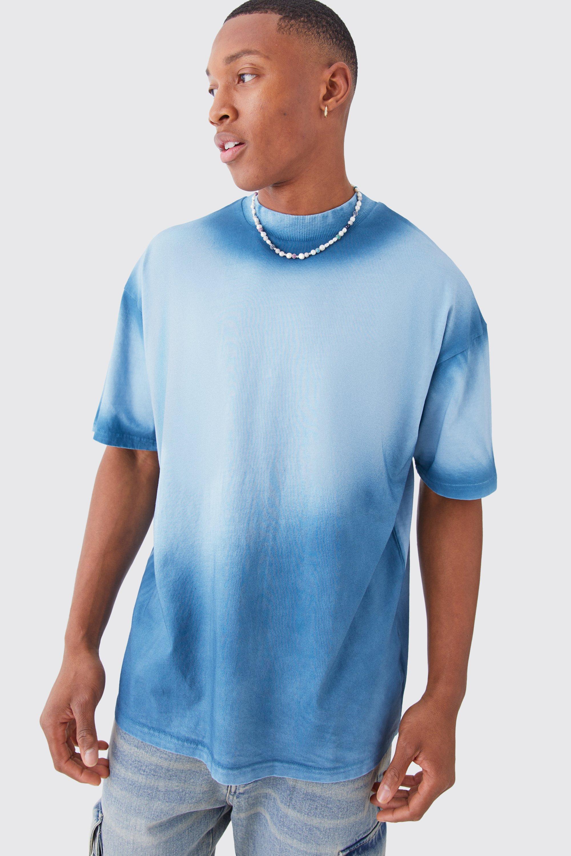 Mens Blue Oversized Ombre Spray Wash T-shirt, Blue