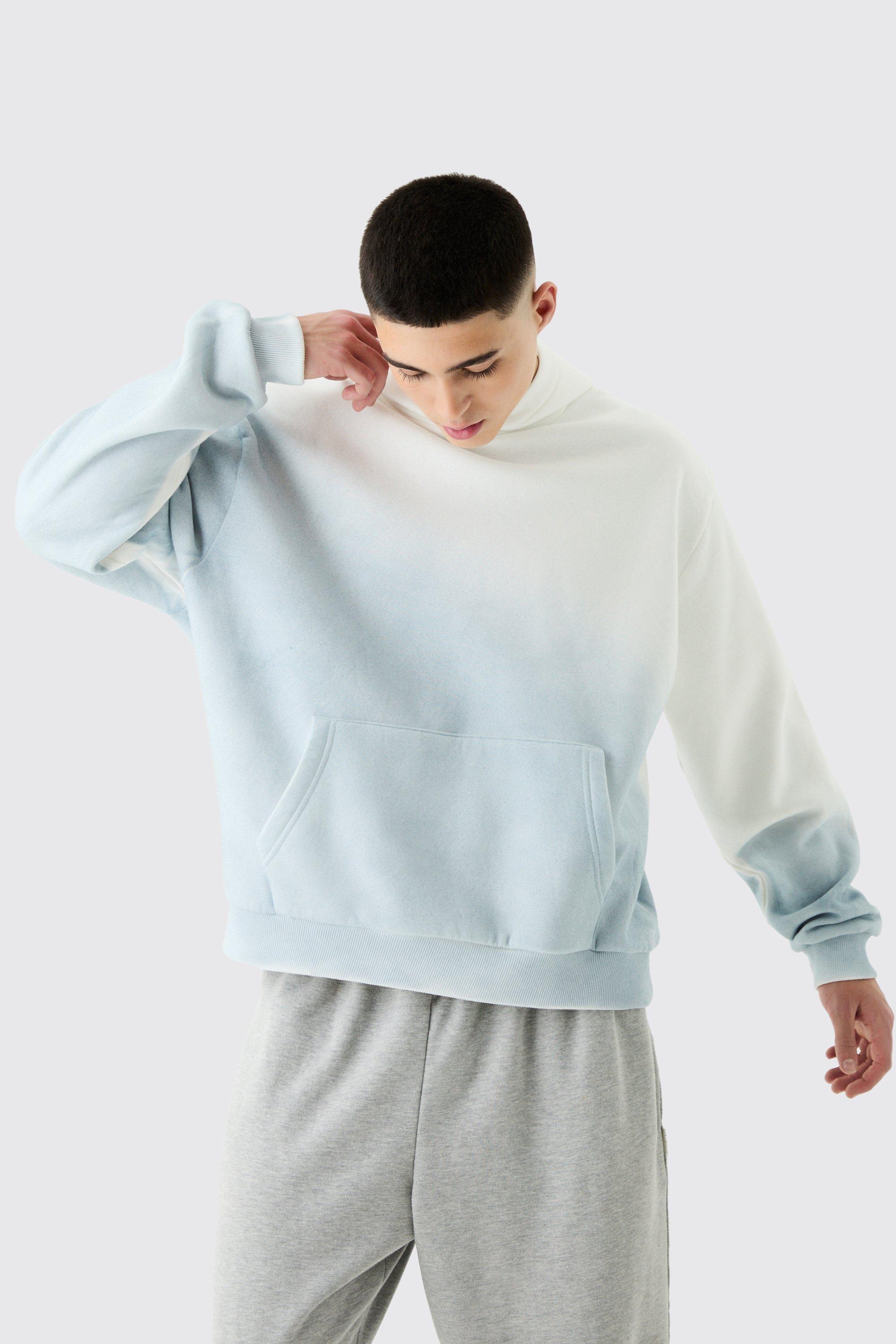 Mens Blue Oversized Ombre Spray Wash Hoodie, Blue
