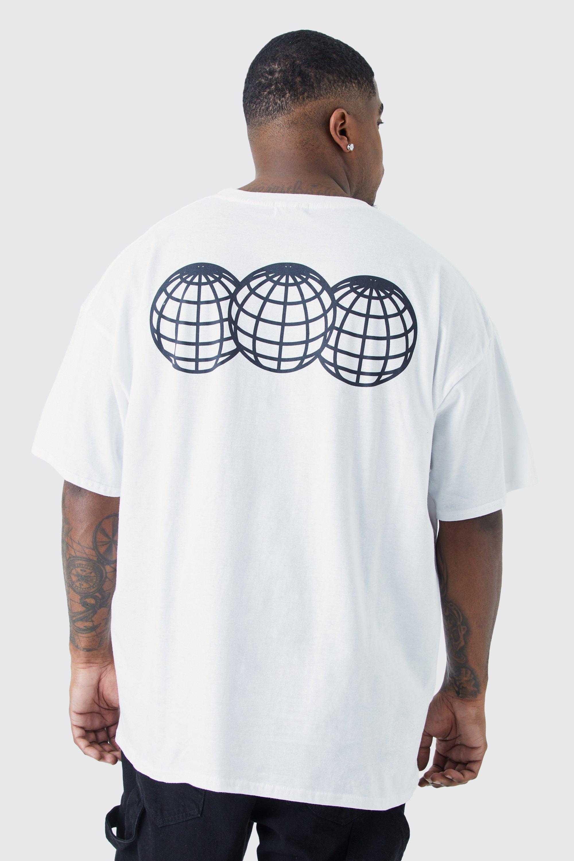 Mens White Plus Oversized Globe Back Print T-shirt, White