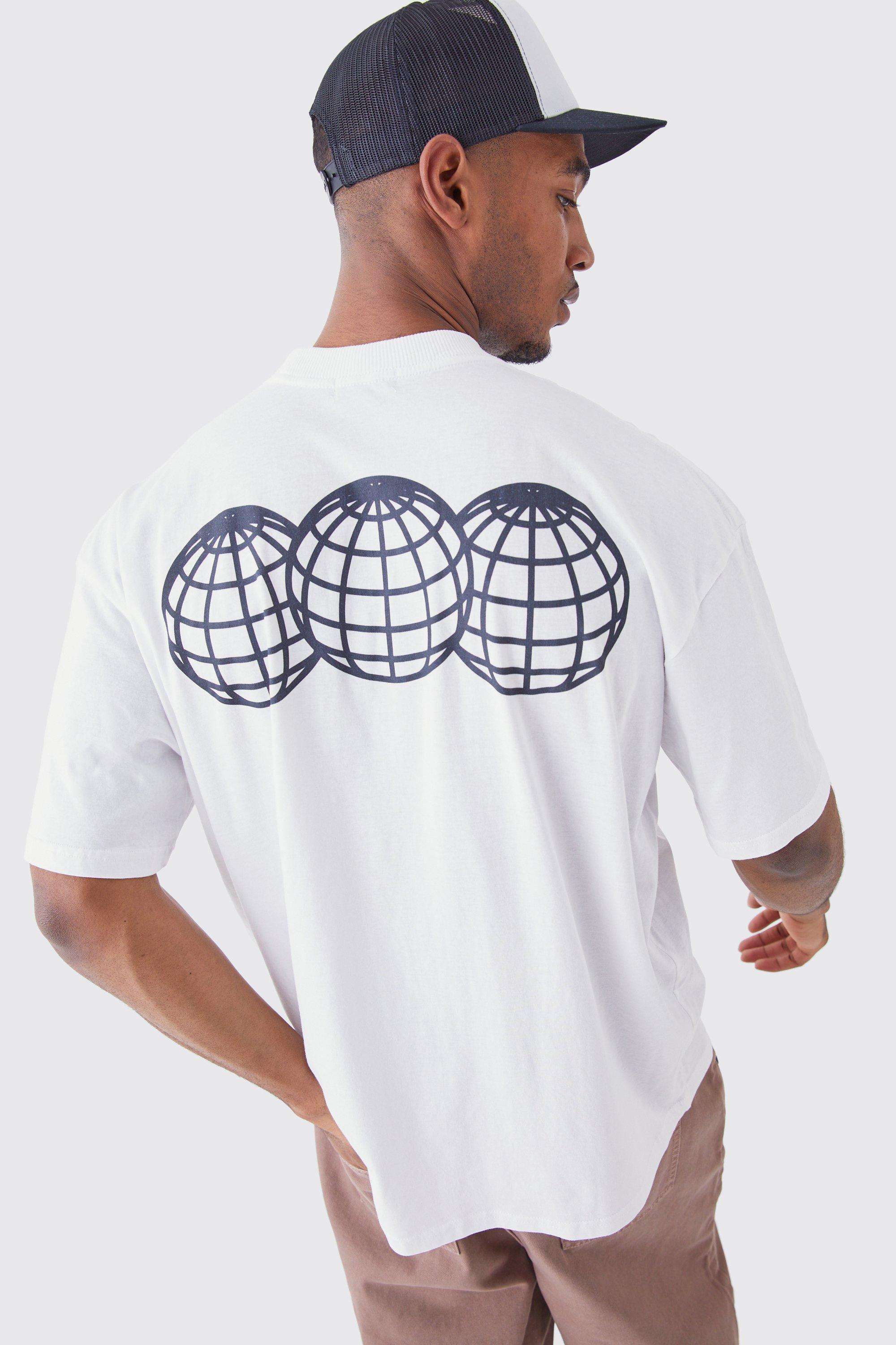 Mens White Tall Oversized Globe Back Print T-shirt, White