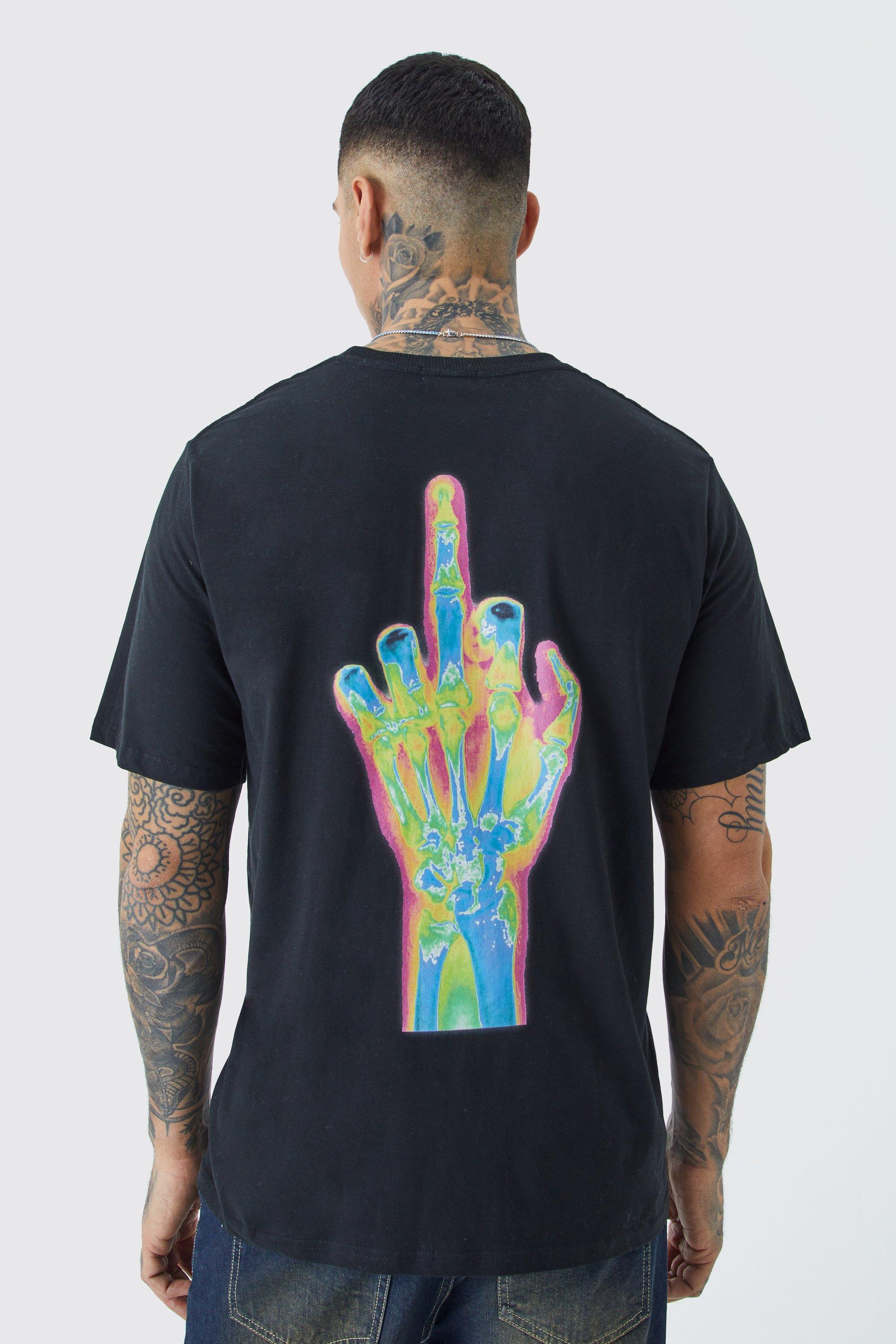 Mens Black Tall Oversized Middle Finger Heat Map Back Print T-shirt, Black