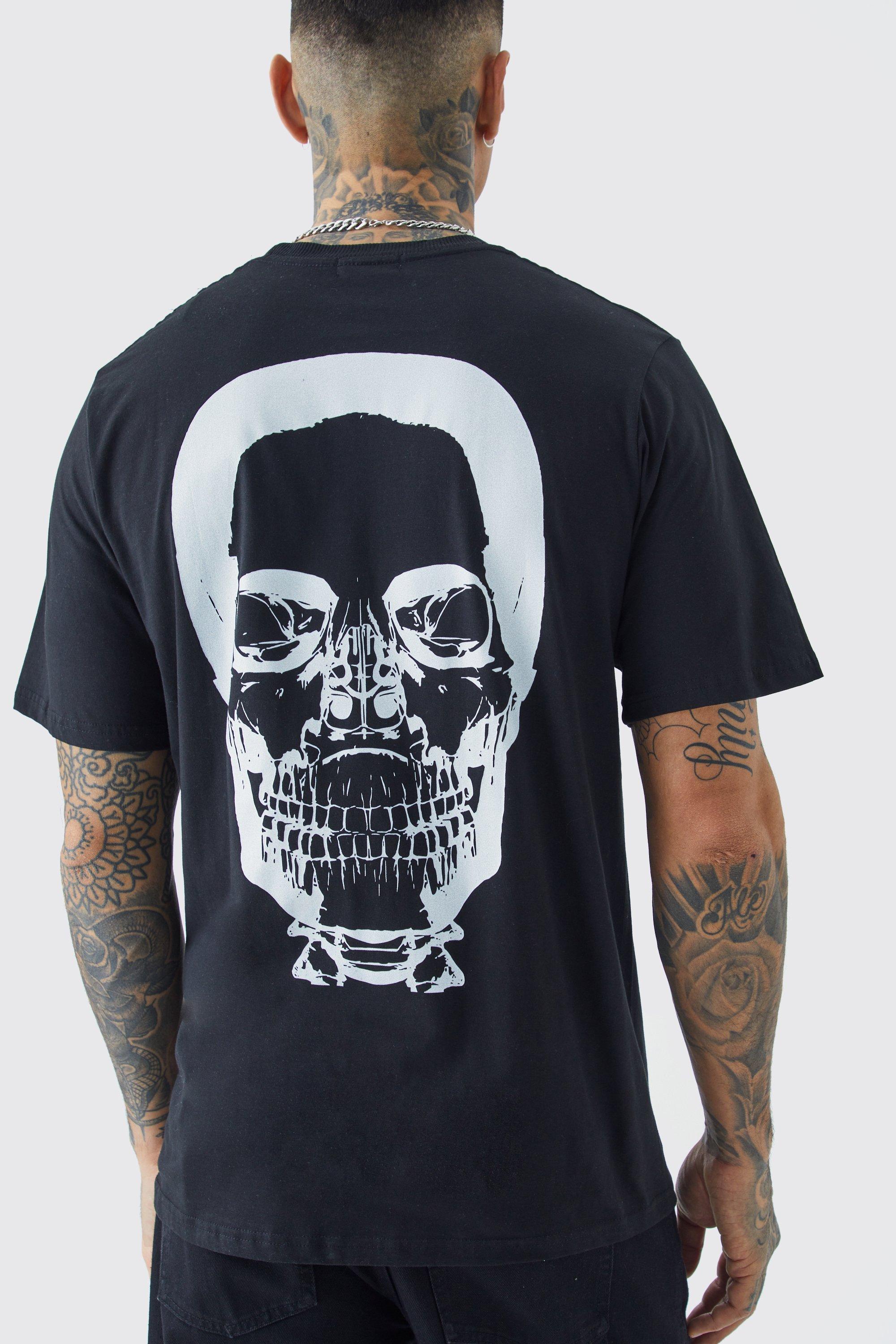 Mens Black Tall Oversized Skull Heat Map Back Print T-shirt, Black