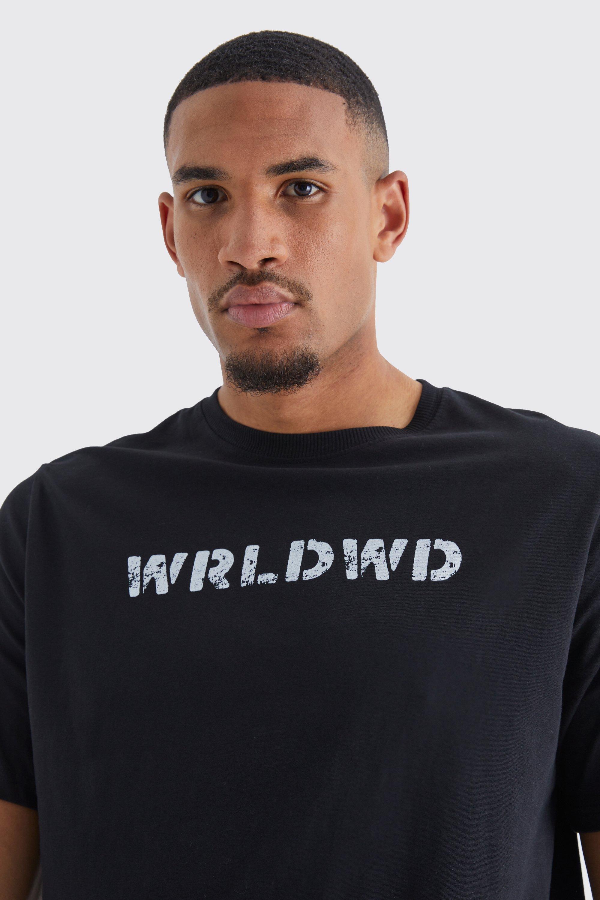 Mens Black Tall Oversized Wrldwd Chest Print T-shirt, Black