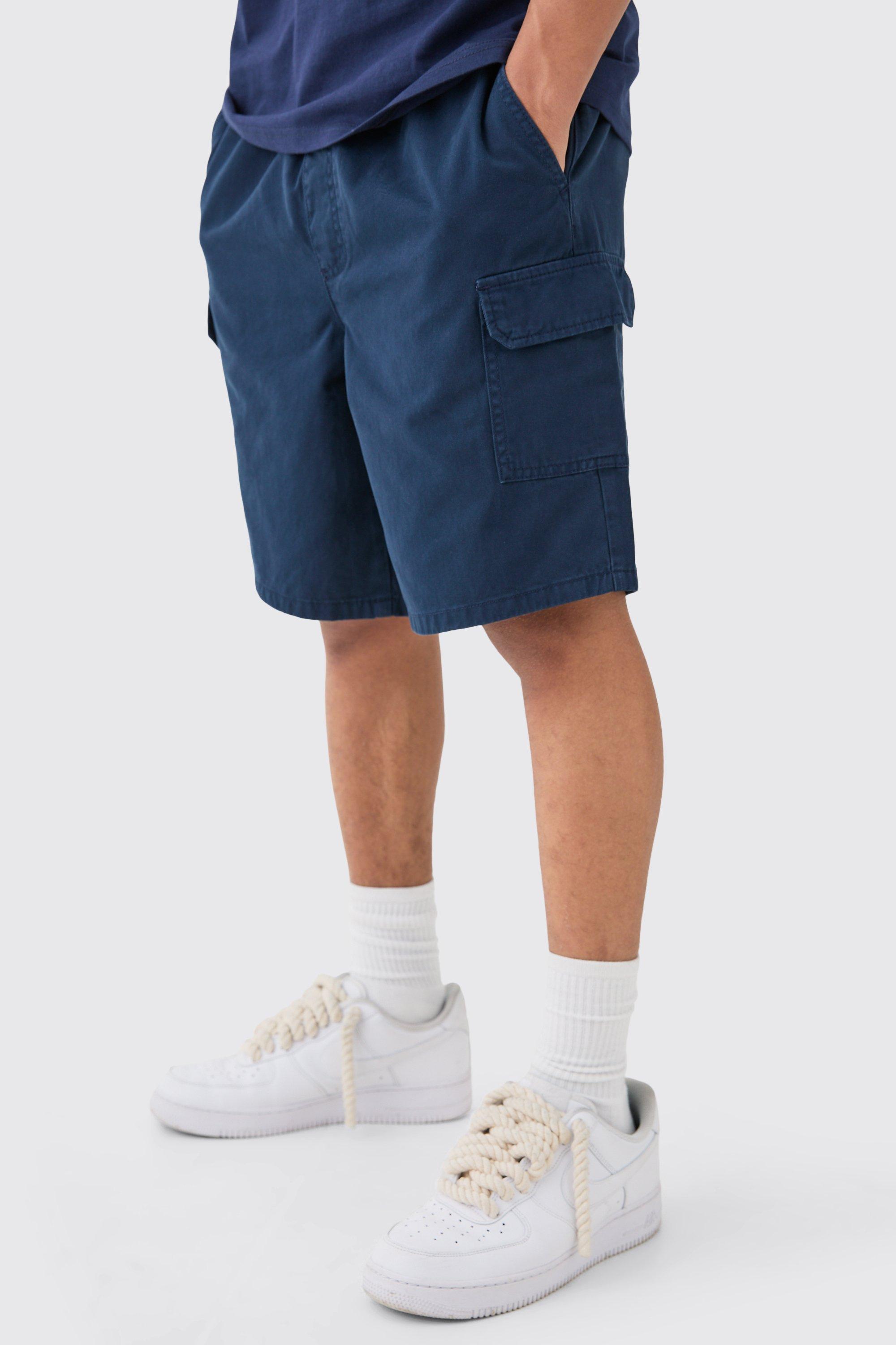 Mens Navy Relaxed Fit Elasticated Waist Cargo Shorts, Navy