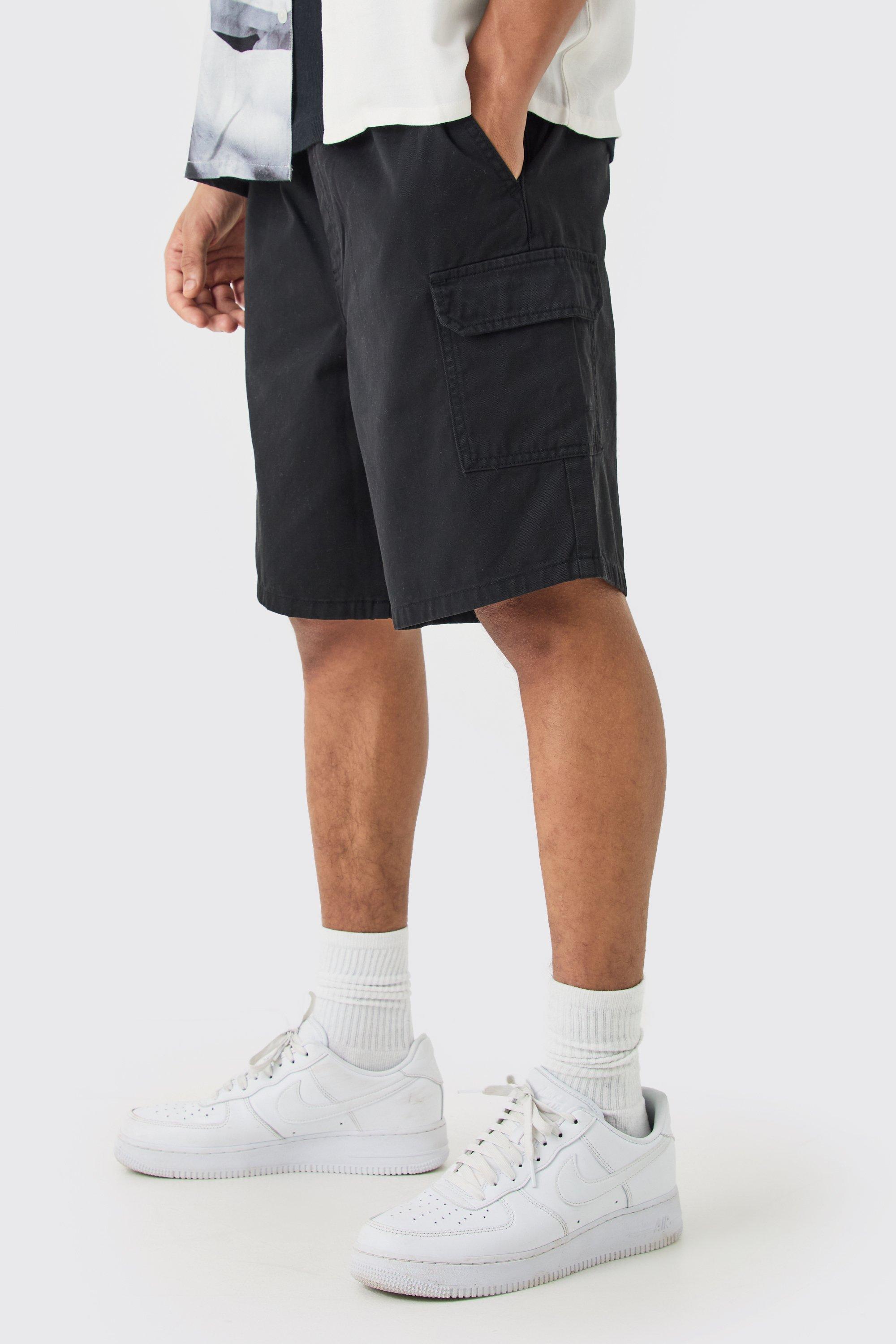 Mens Black Relaxed Fit Cargo Shorts, Black