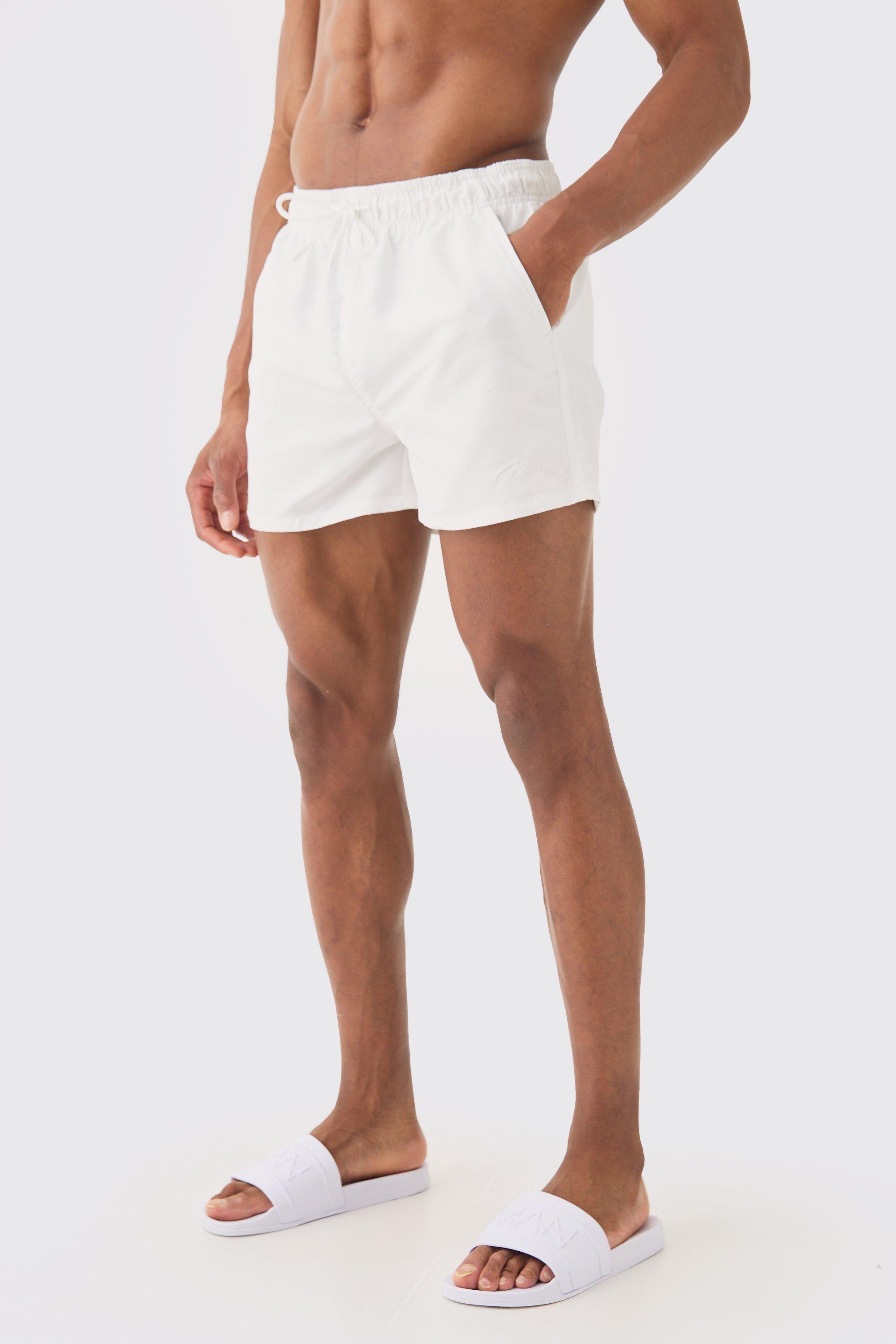 Mens White Man Signature Short Length Swim Short, White