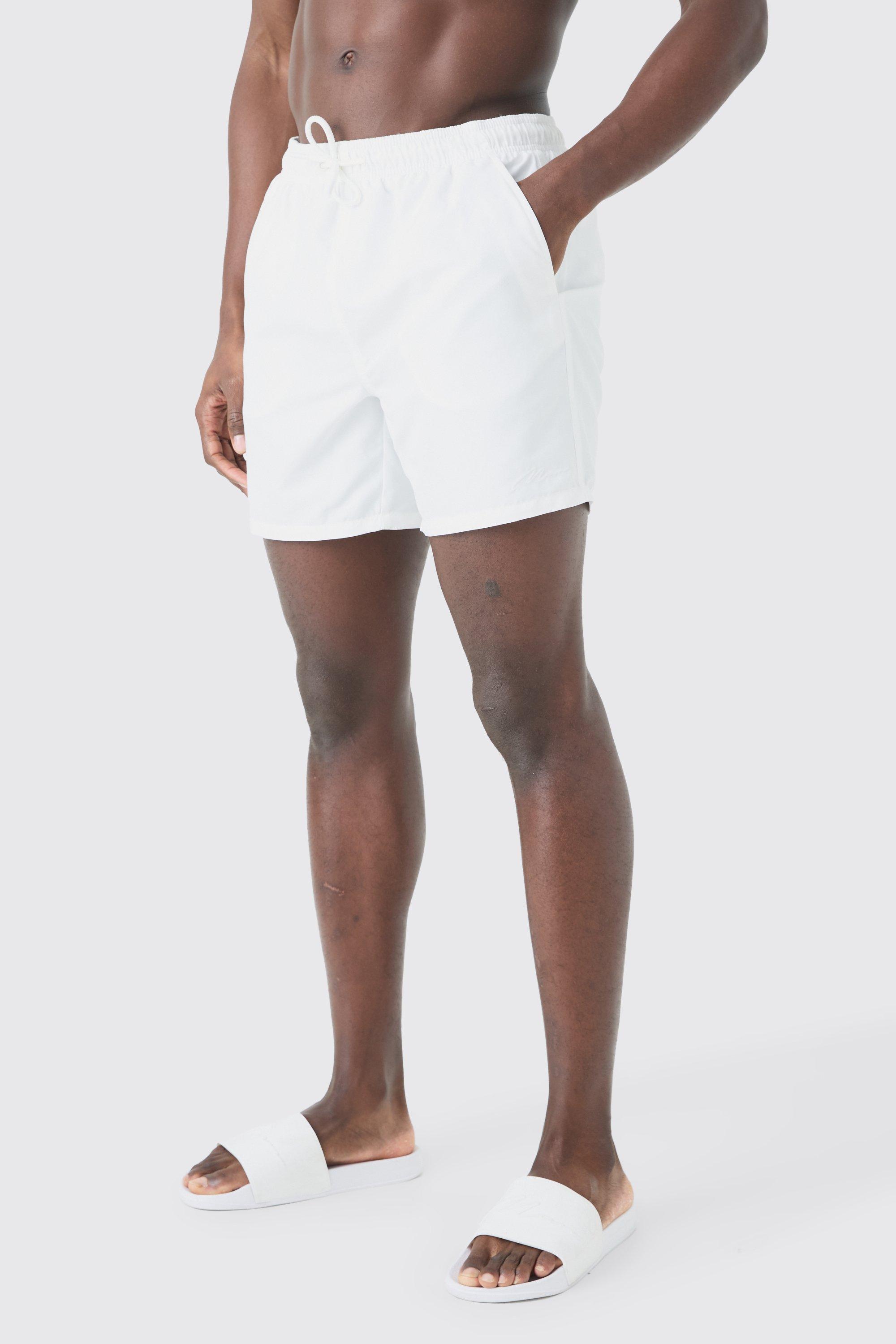 Mens White Man Signature Mid Length Swim Short, White