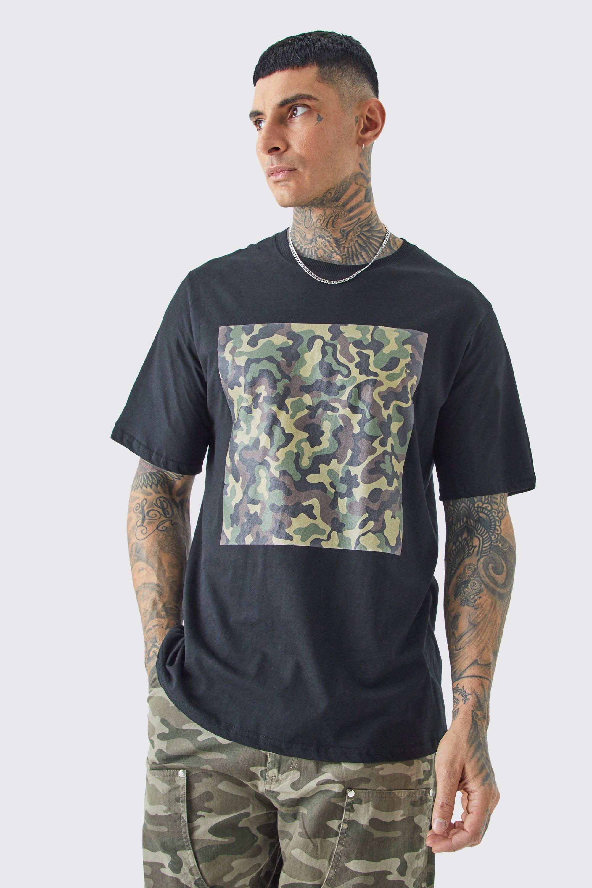 Mens Black Tall Oversized Camouflage Chest Print T-shirt, Black