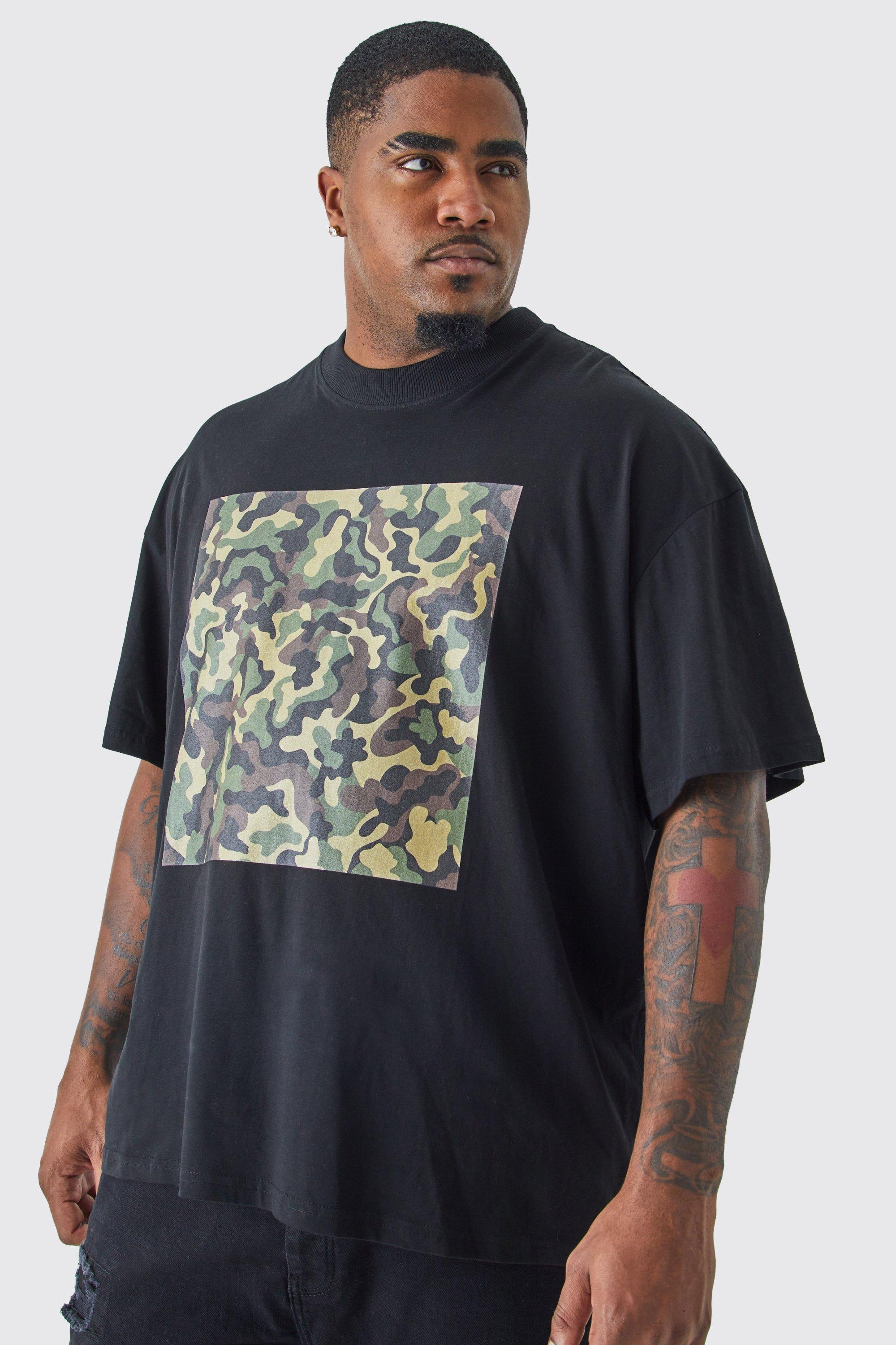 Mens Black Plus Oversized Camouflage Chest Print T-shirt, Black