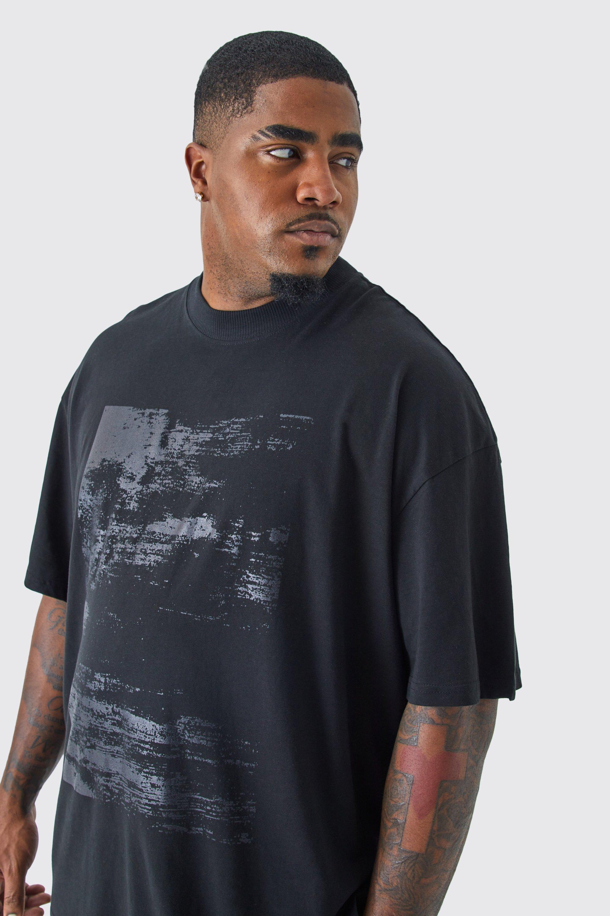 Mens Black Plus Oversized Abstract Chest Print T-shirt, Black