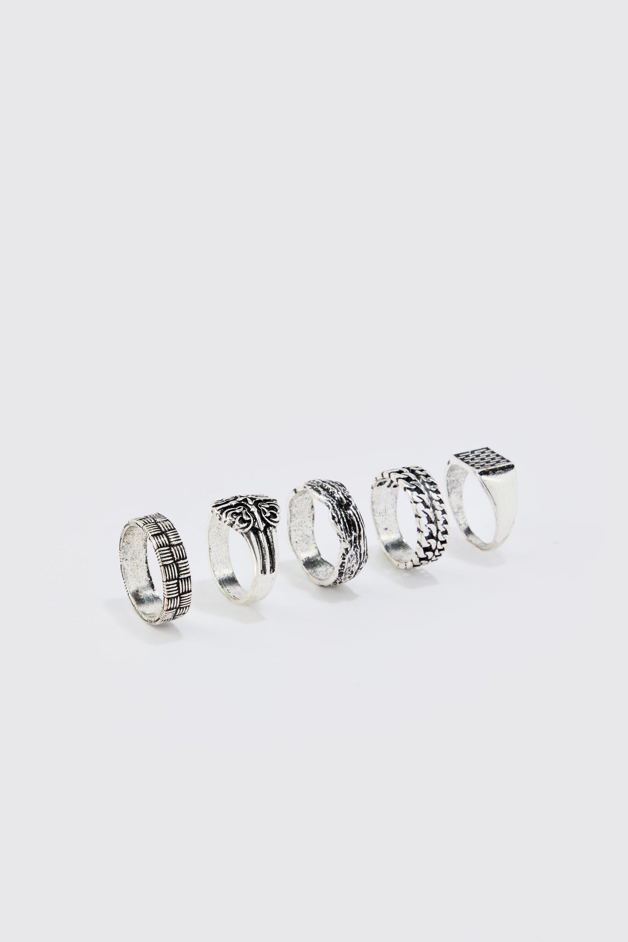 Mens Grey 5 Pack Chunky Rings, Grey