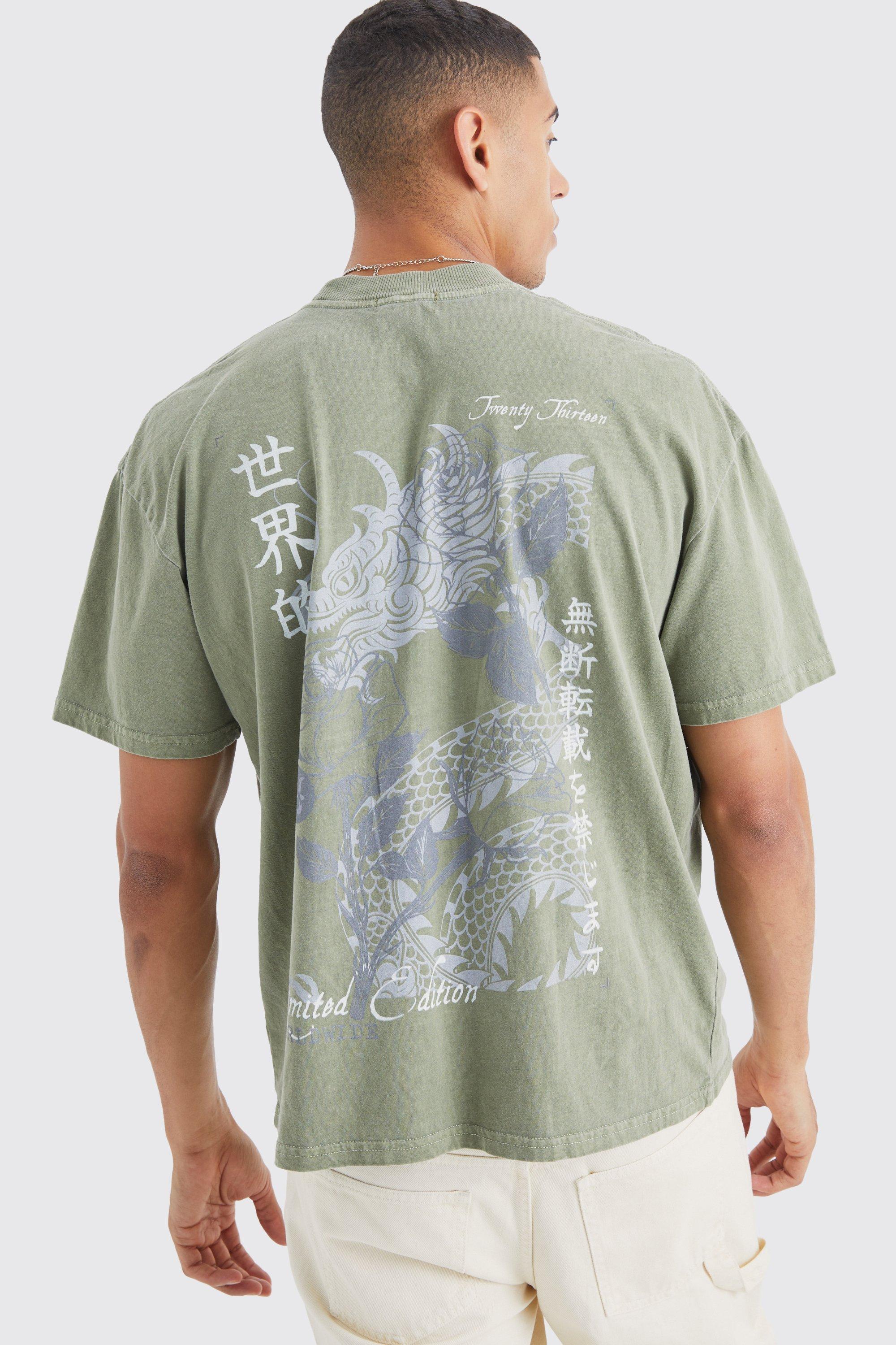 Mens Green Overdyed Dragon Graphic T-shirt, Green