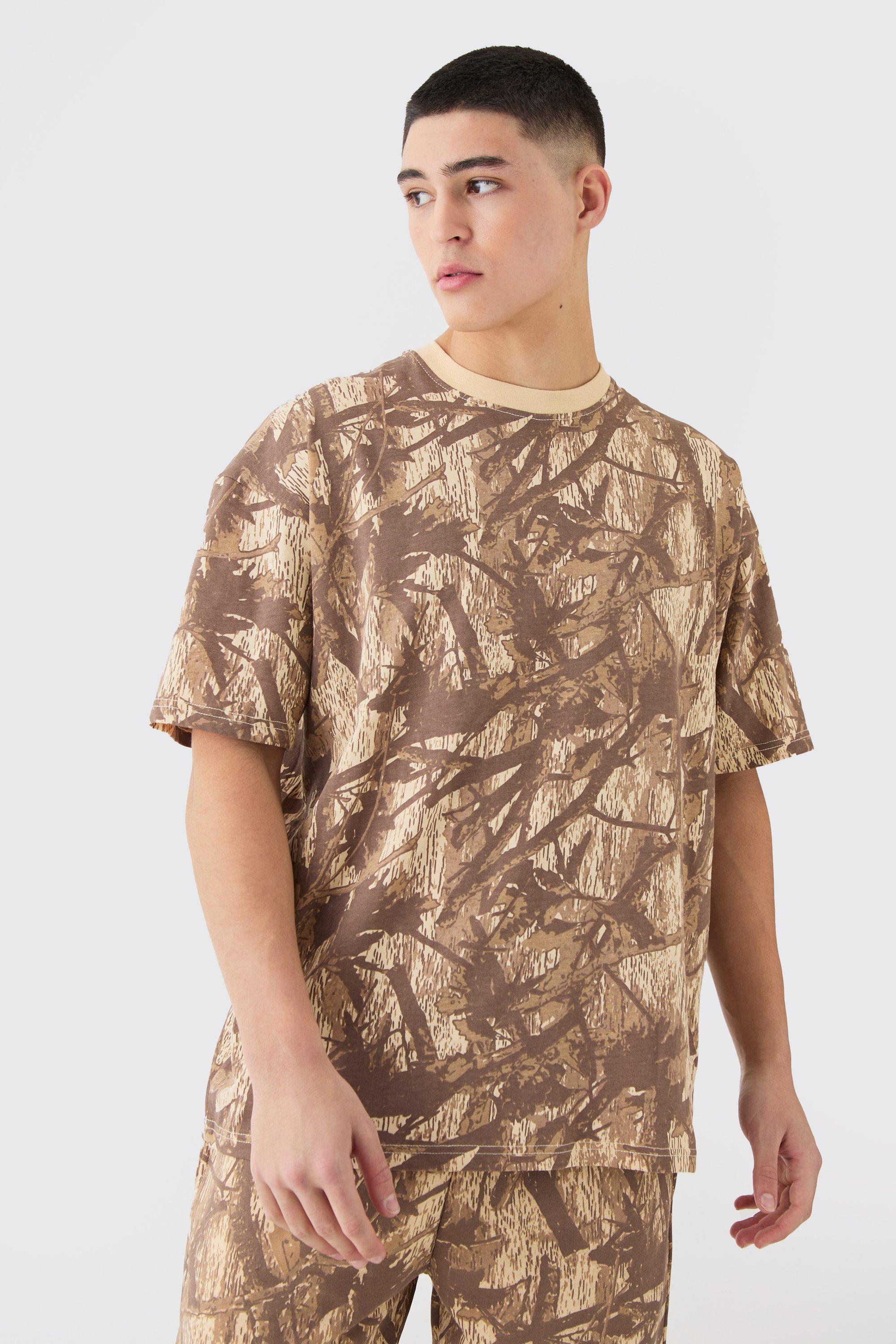 Image of T-shirt oversize in fantasia militare con stampa Forest, Grigio