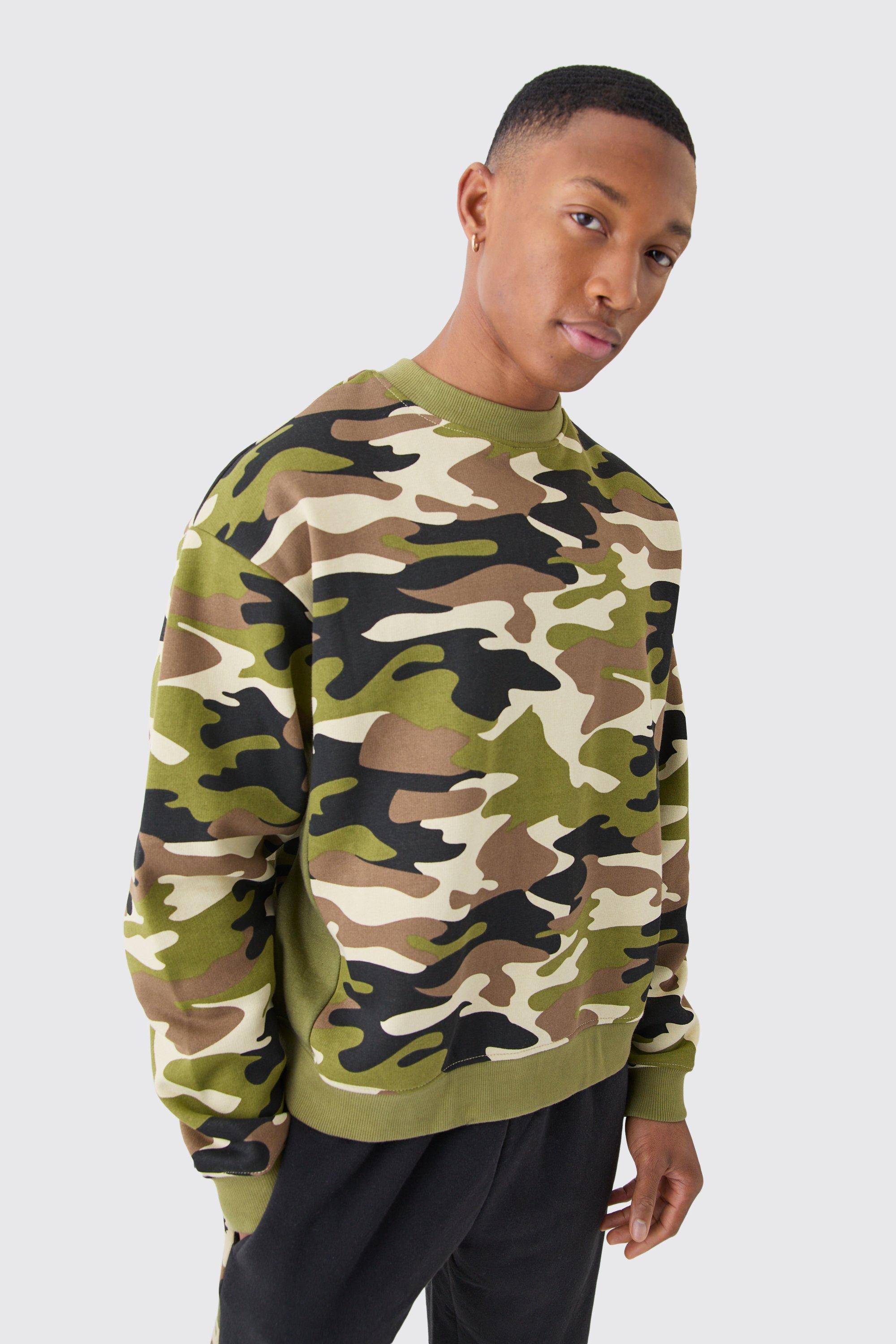 Mens Green Oversized Boxy Extended Neck Camo Gusset Sweat, Green