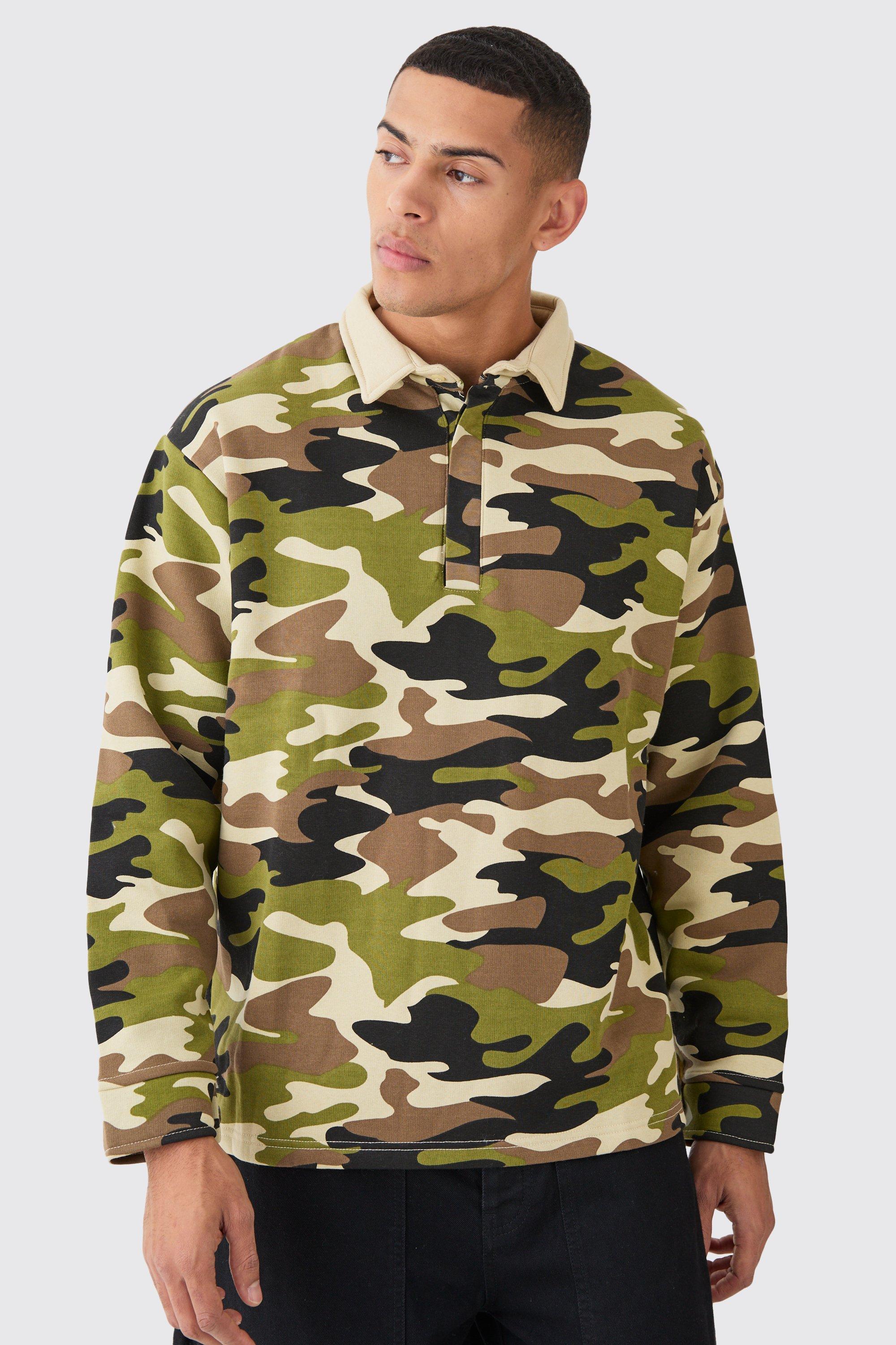 Mens Green Oversized Camo Rugby Polo, Green