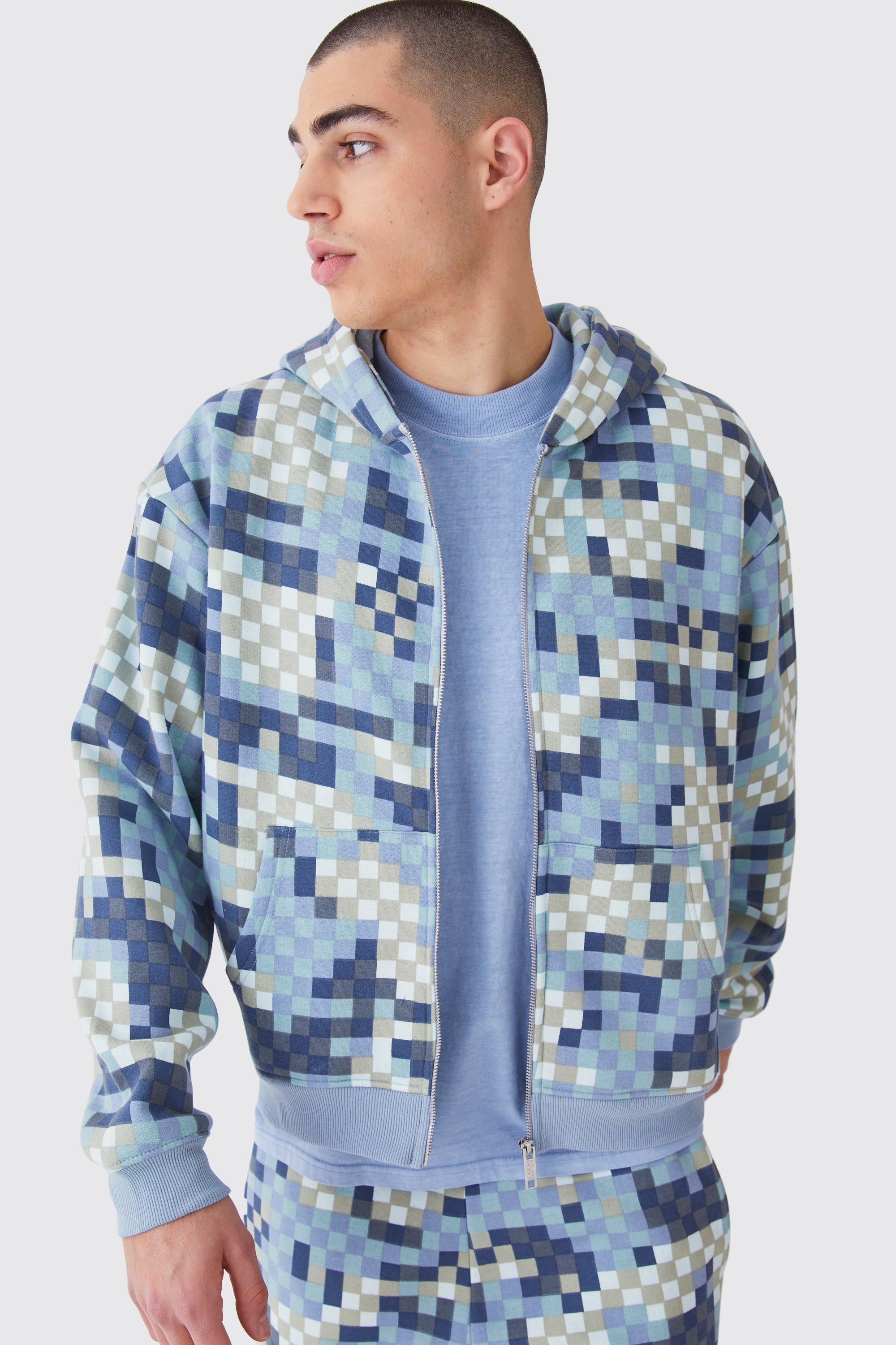 Mens Blue Oversized Boxy Camo Zip Through, Blue