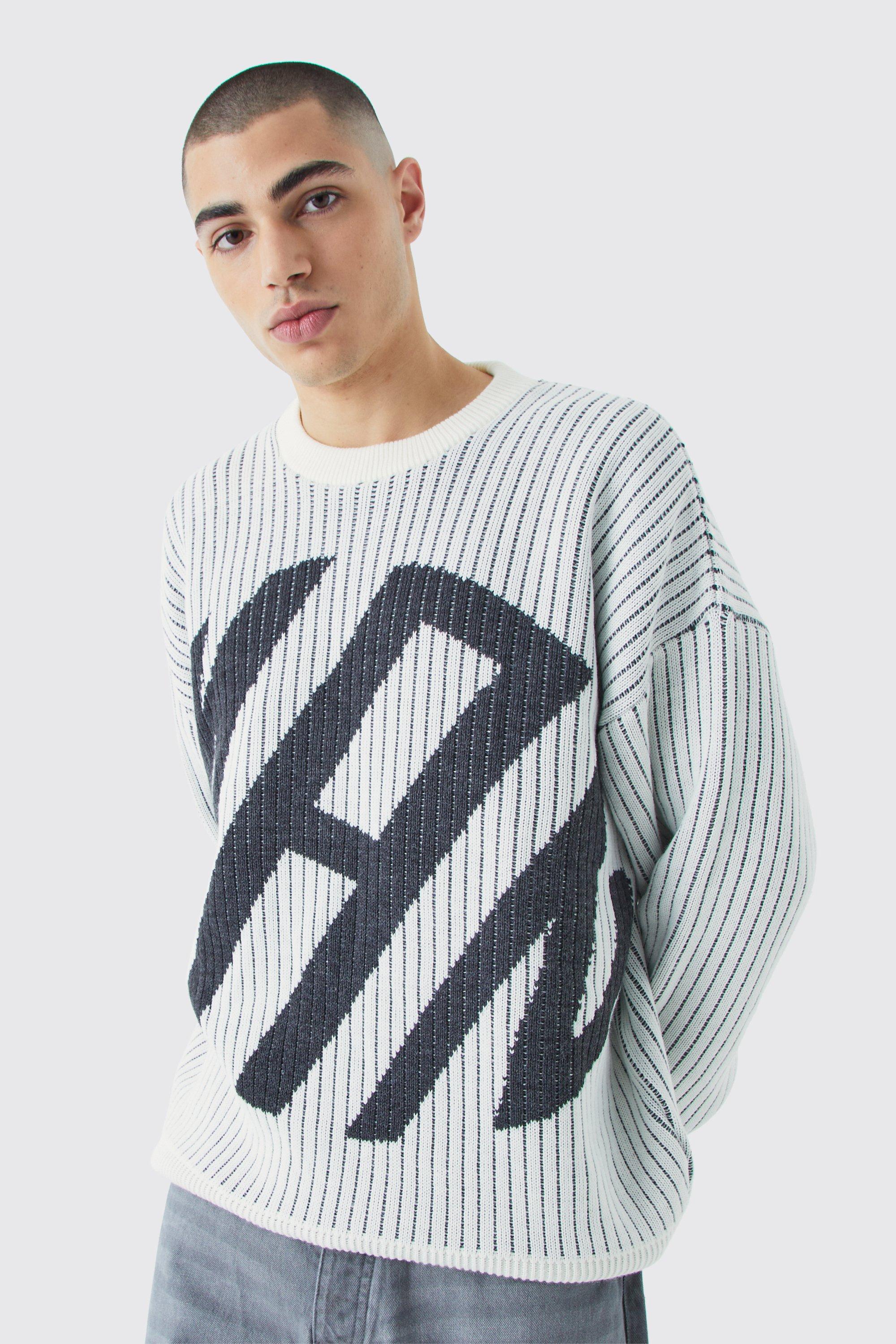 Mens Grey Oversized Ribbed Knitted Crew Neck Jumper, Grey