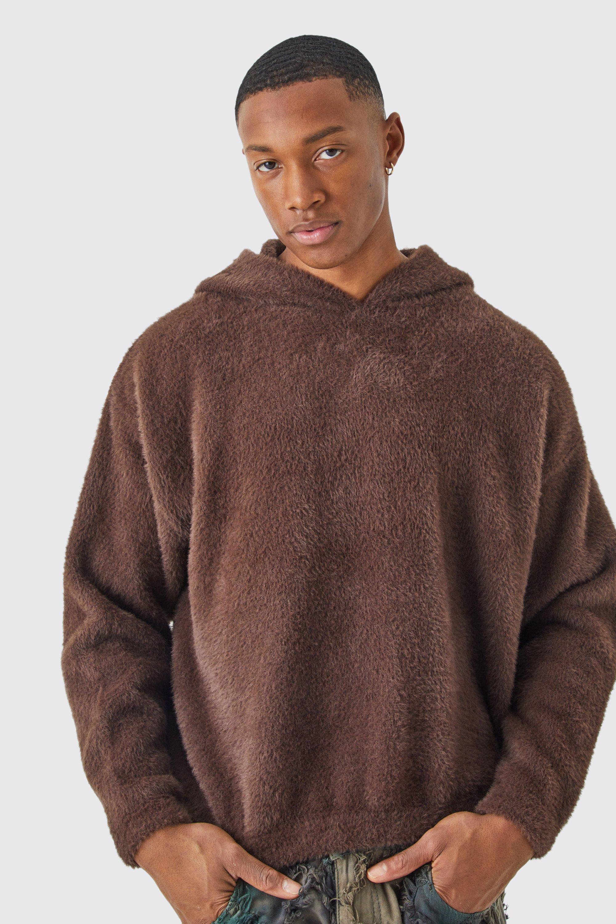 Mens Brown Fluffy Knitted Boxy Hoodie, Brown