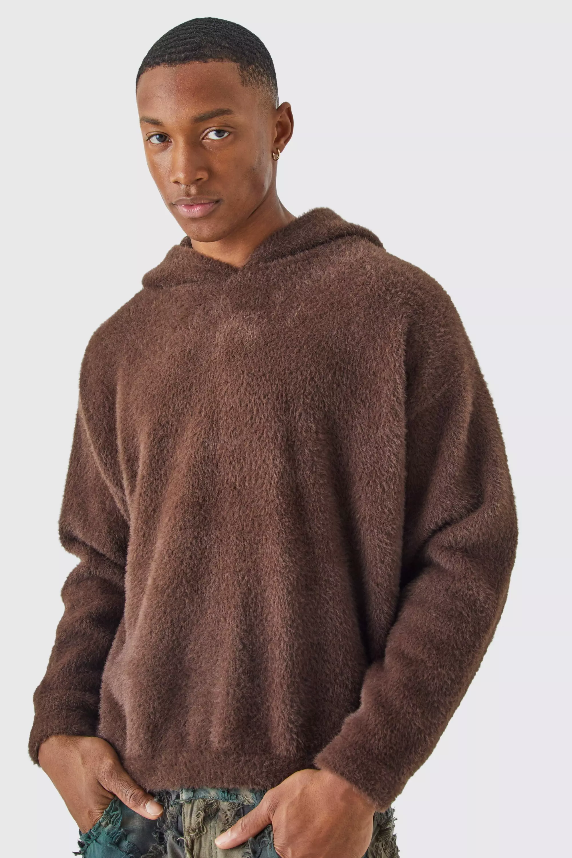 Fluffy Knitted Boxy Hoodie boohooMAN USA