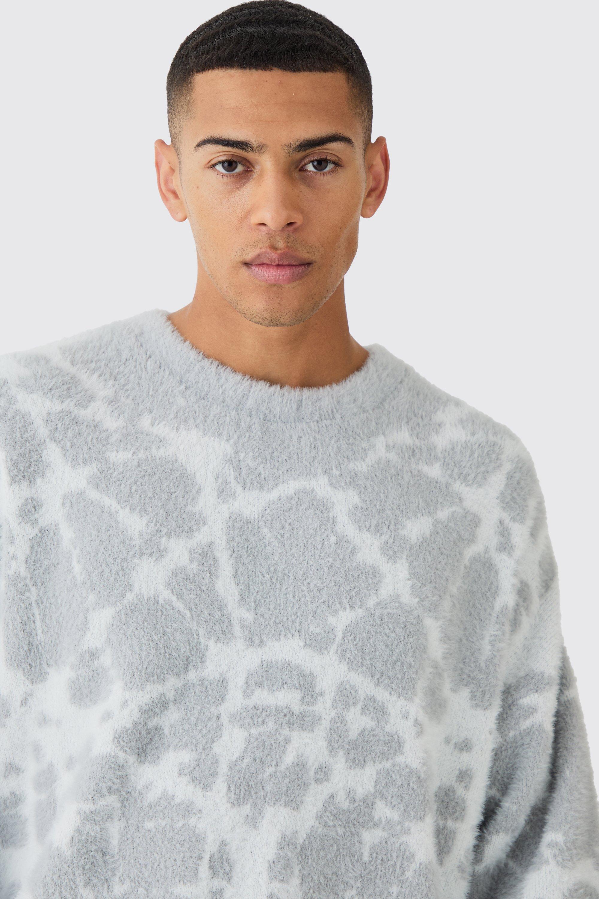 Mens Grey Fluffy Abstract Knitted Boxy Jumper, Grey