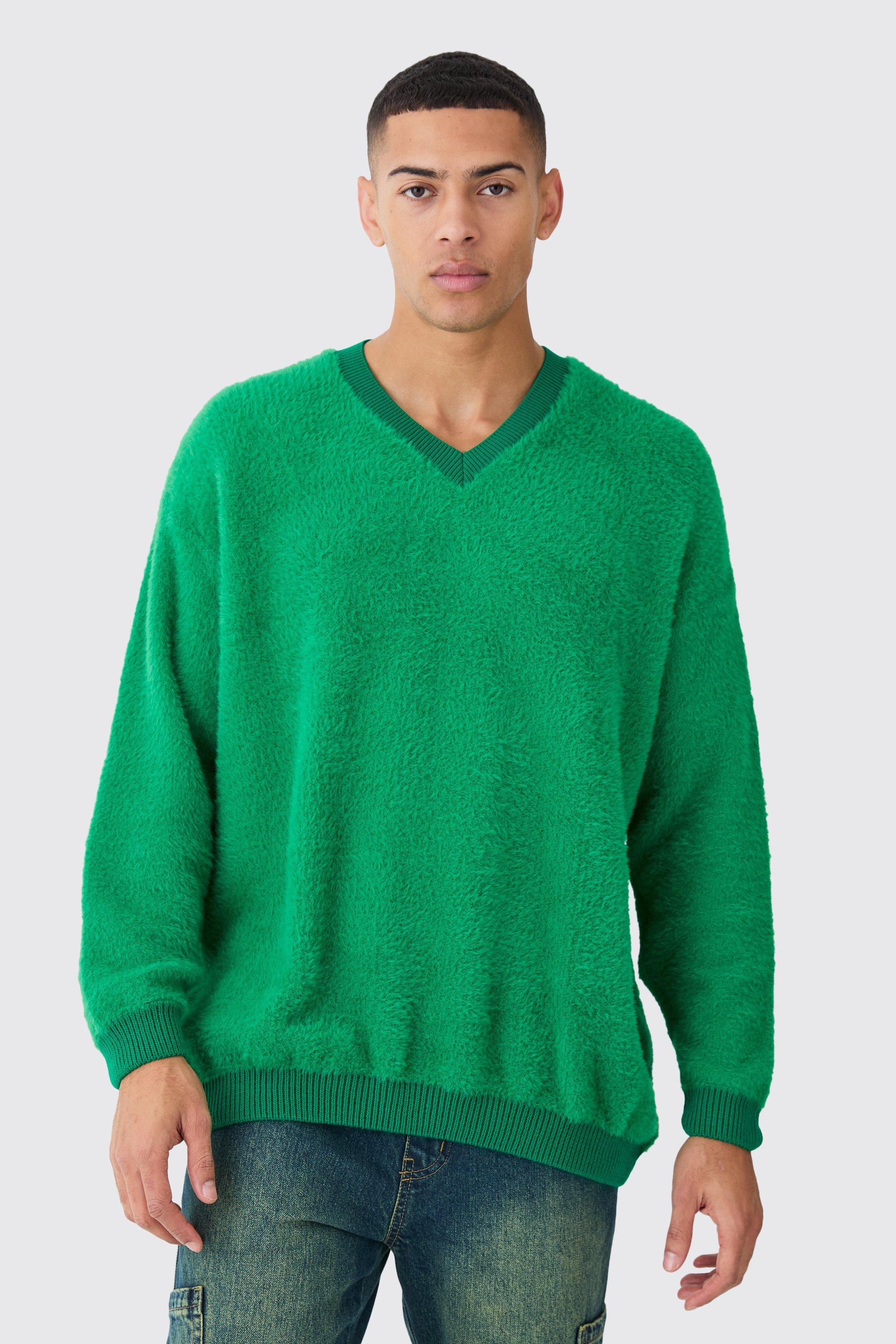 Image of Maglione squadrato in maglia morbida con scollo a V a contrasto, Verde