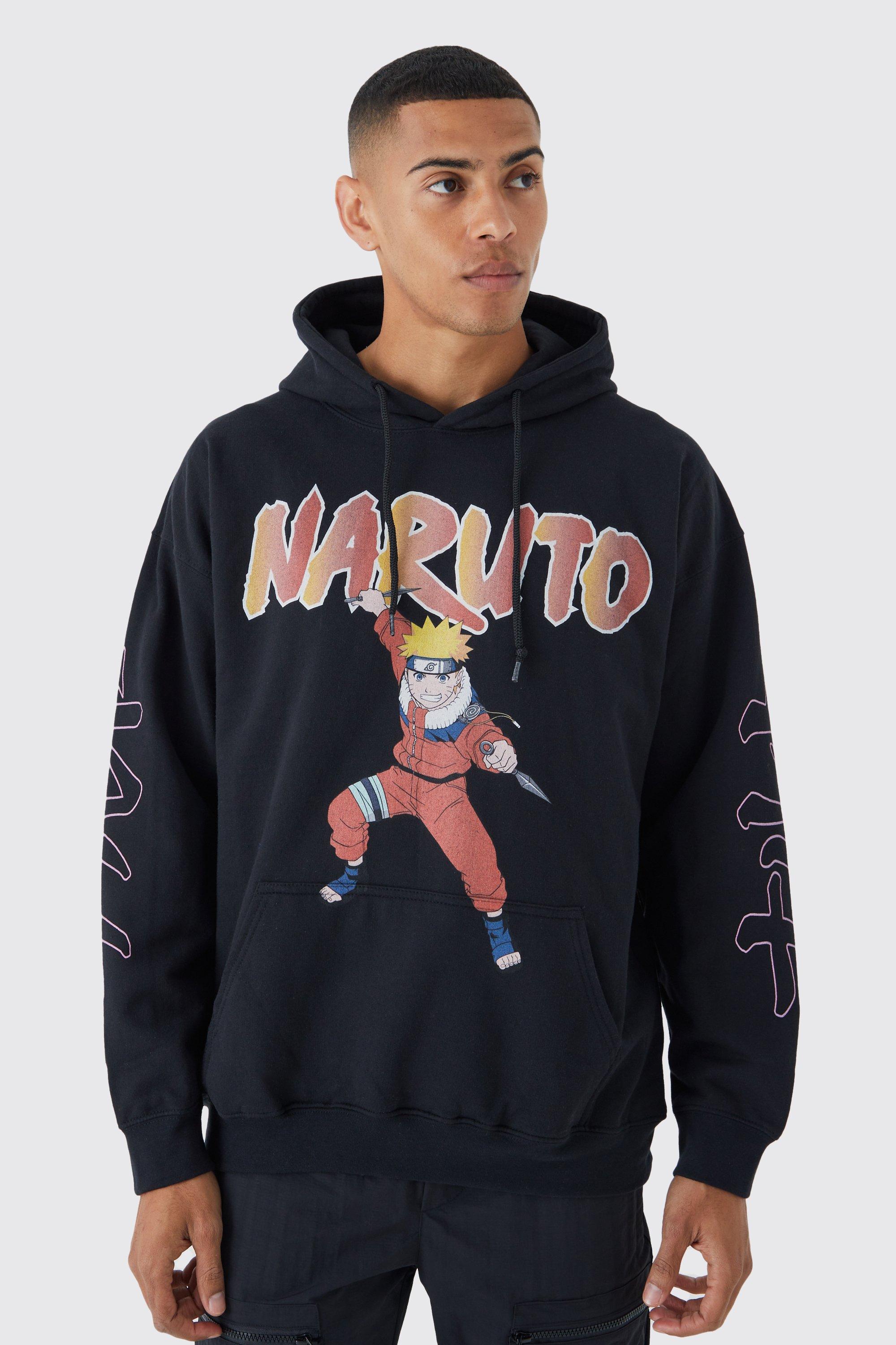 Mens Black Oversized Naruto Anime License Hoodie, Black