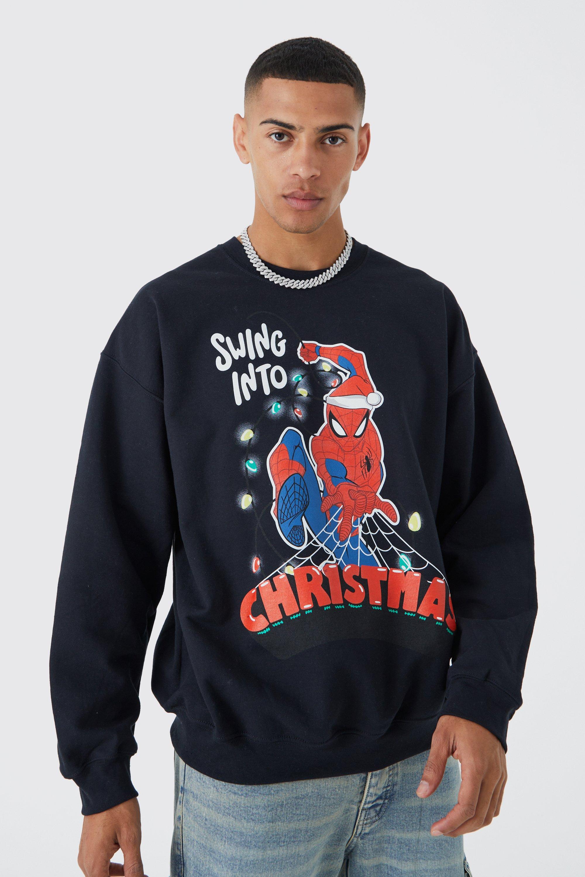Mens Black Oversized Christmas Spiderman License Sweatshirt, Black