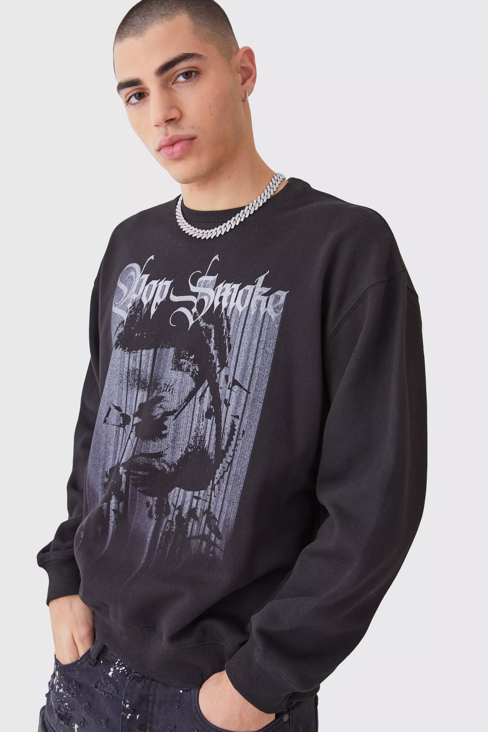 Oversized Gelicenseerde Pop Smoke Monochrome Trui boohooMAN