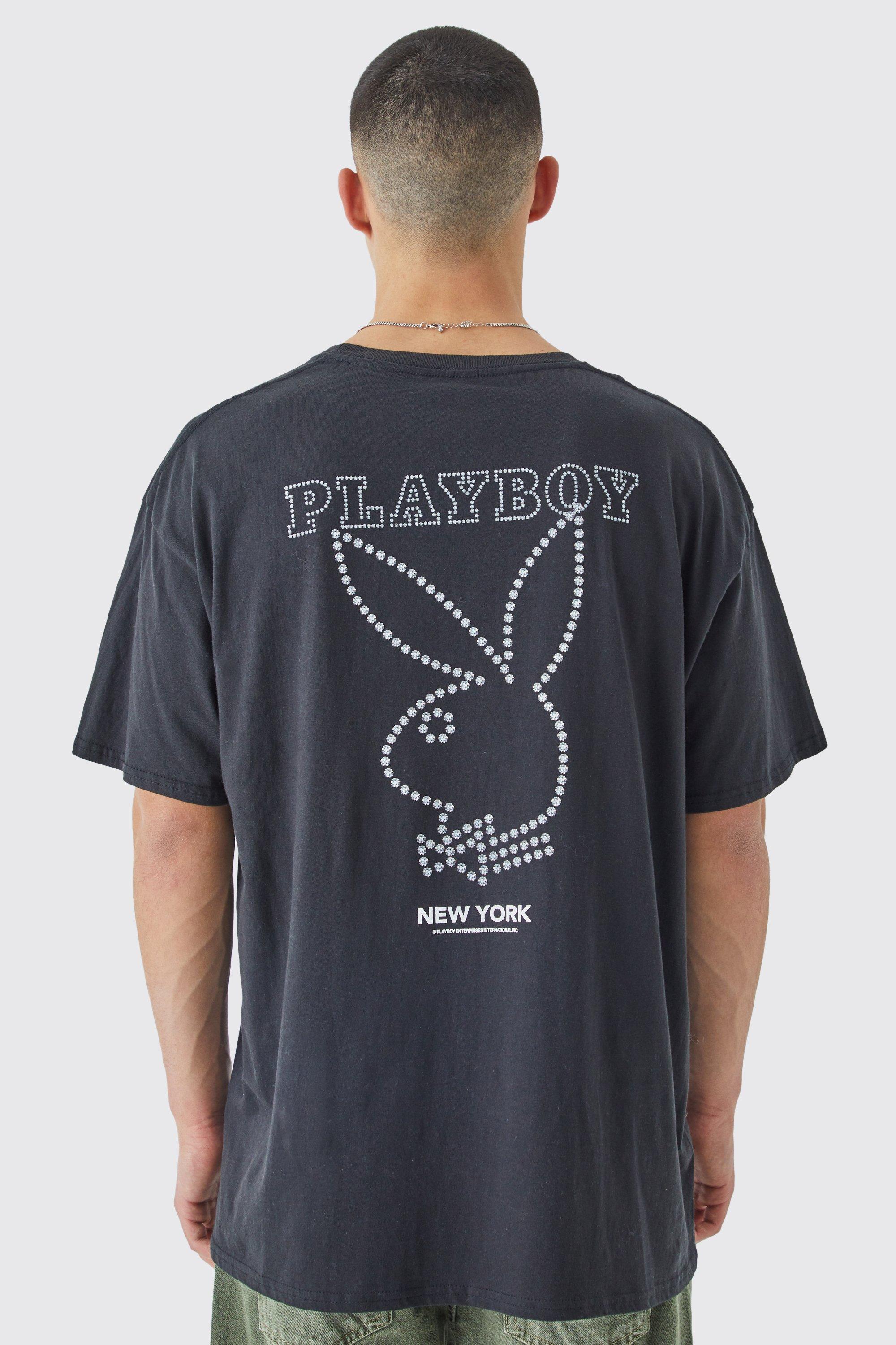 Mens Black Oversized Playboy Rhinestone License T-shirt, Black