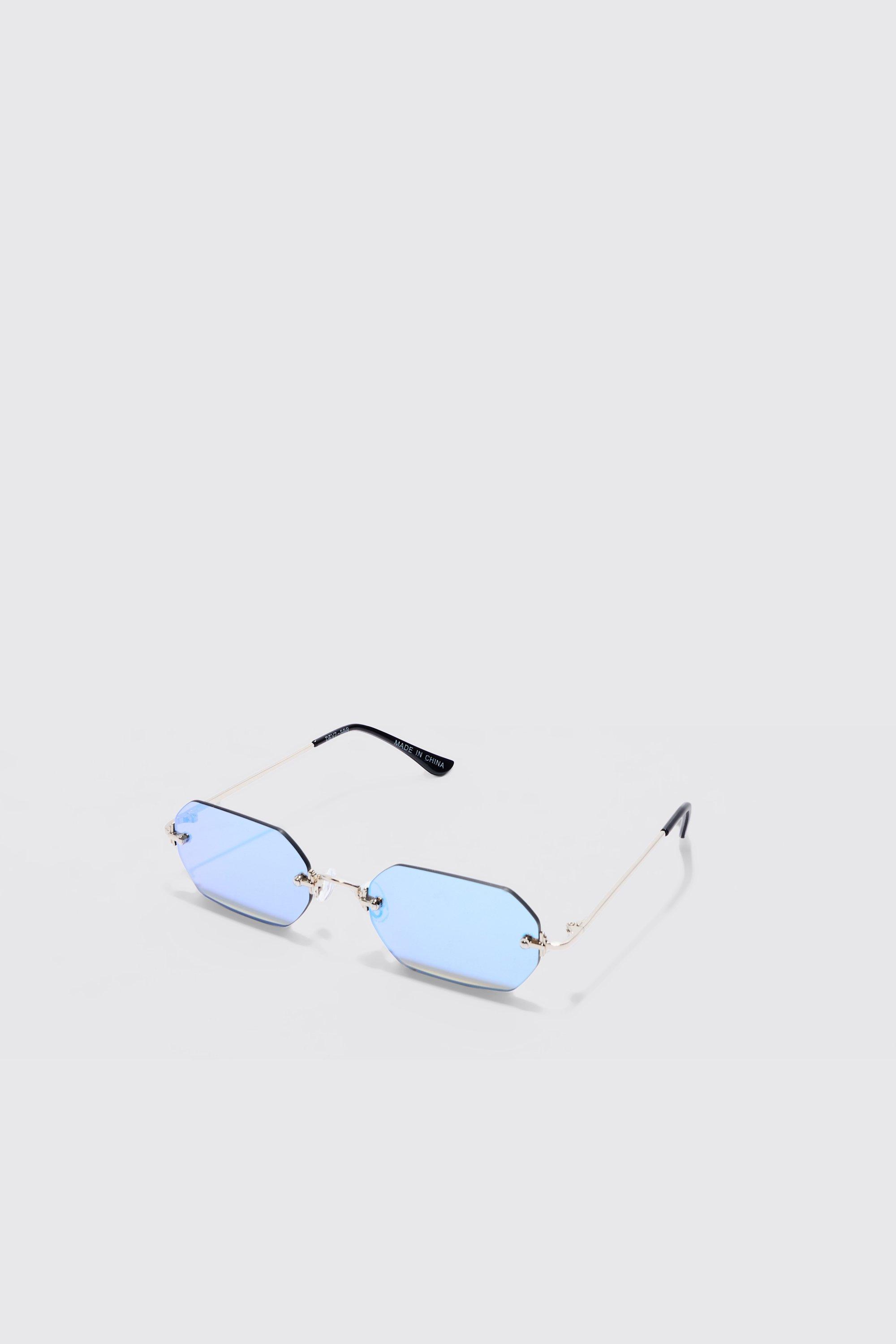 Mens Blue Hexagonal Rimless Sunglasses, Blue