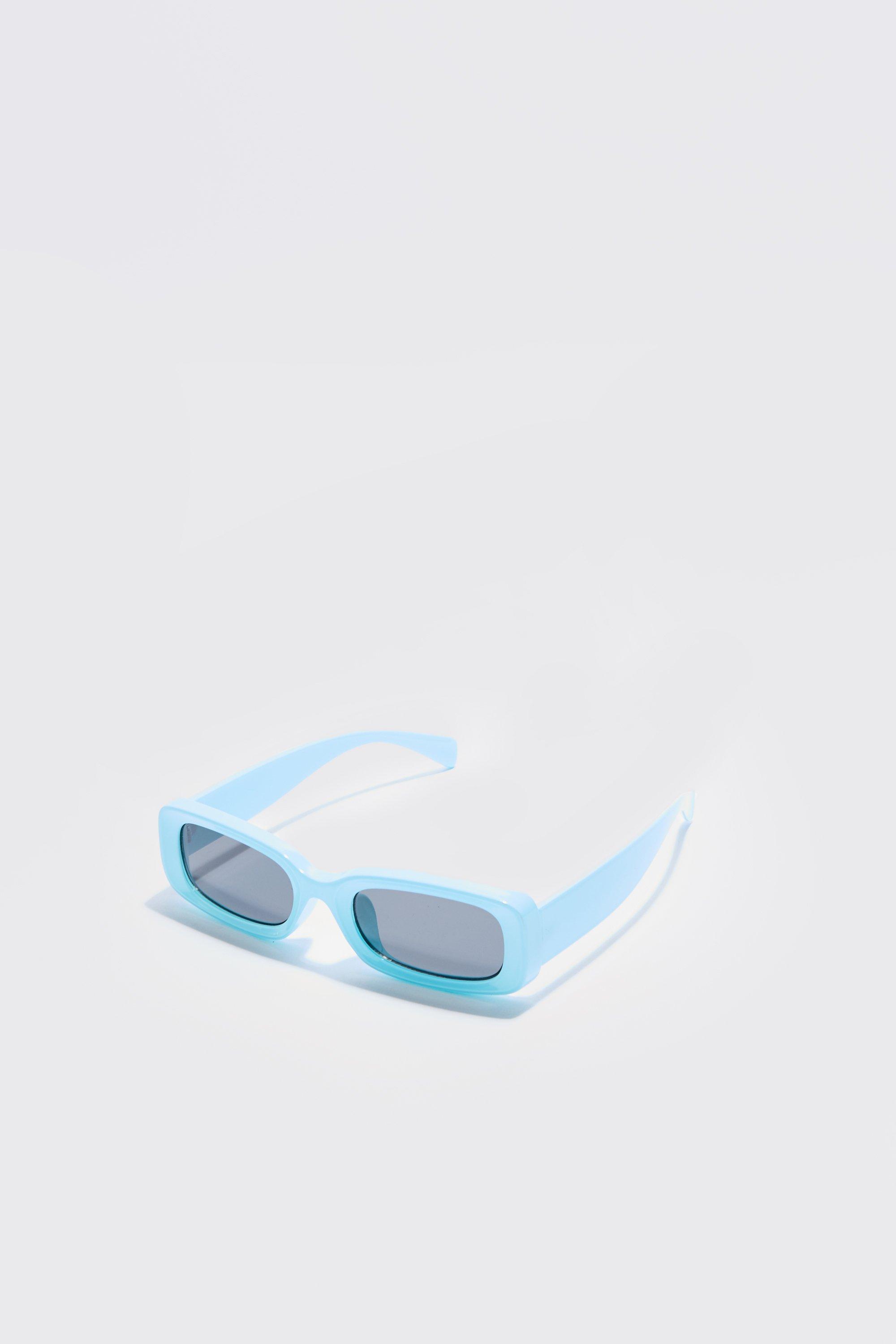 Mens Blue Chunky Plastic Rectangular Sunglasses, Blue
