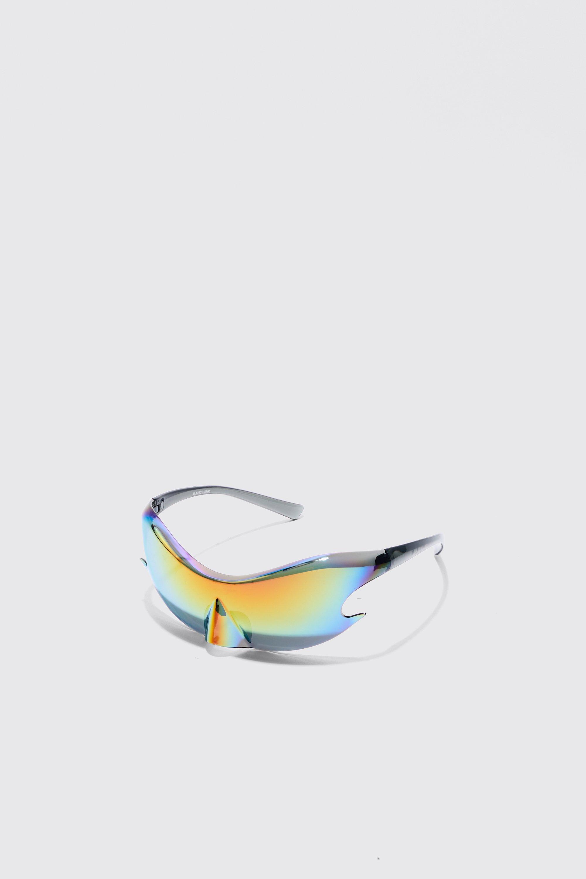 Mens Multi Shield Racer Mirror Lens Rimless Plastic Sunglasses, Multi