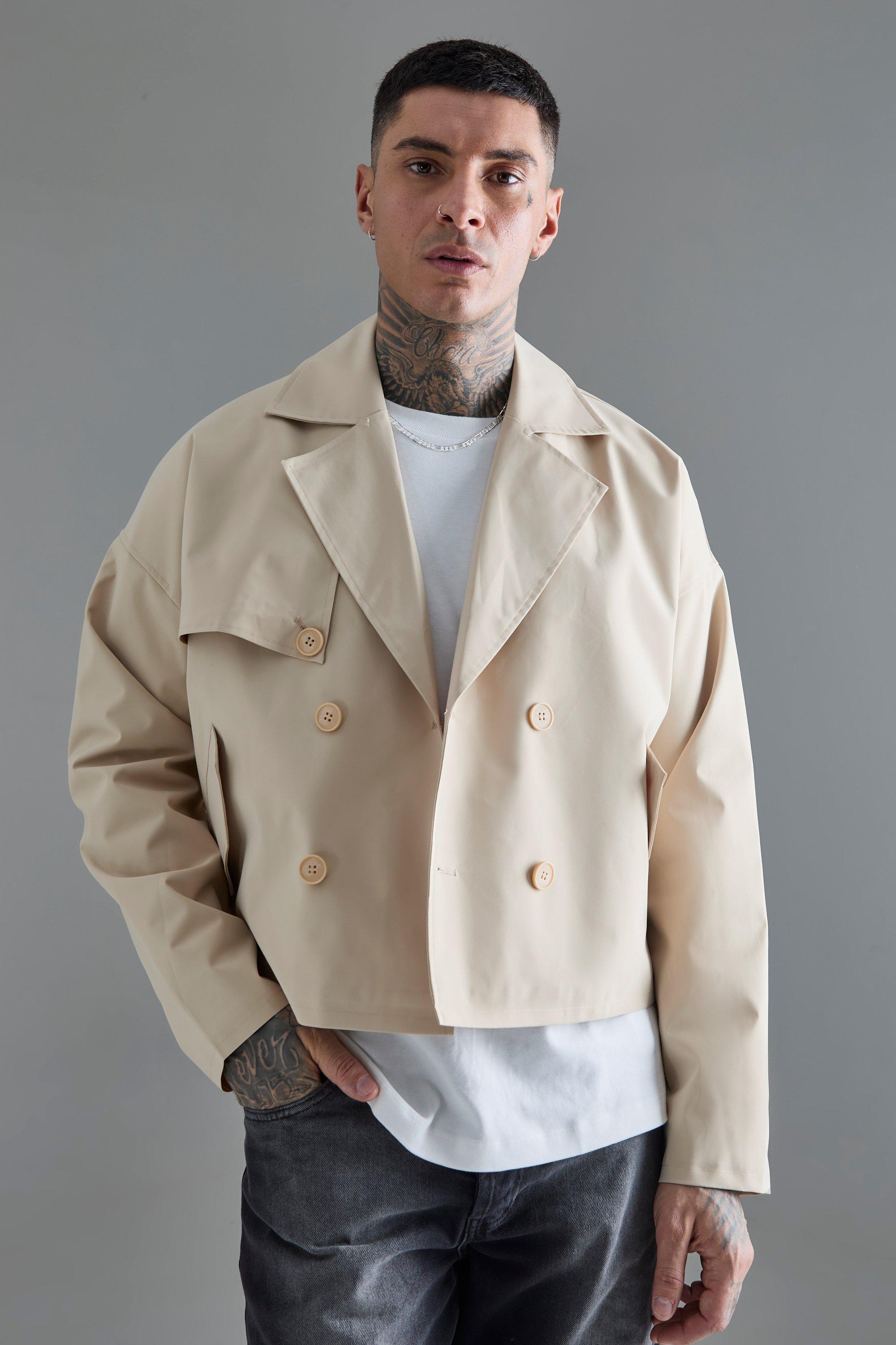 tall cropped double breasted trench coat homme - beige - s, beige