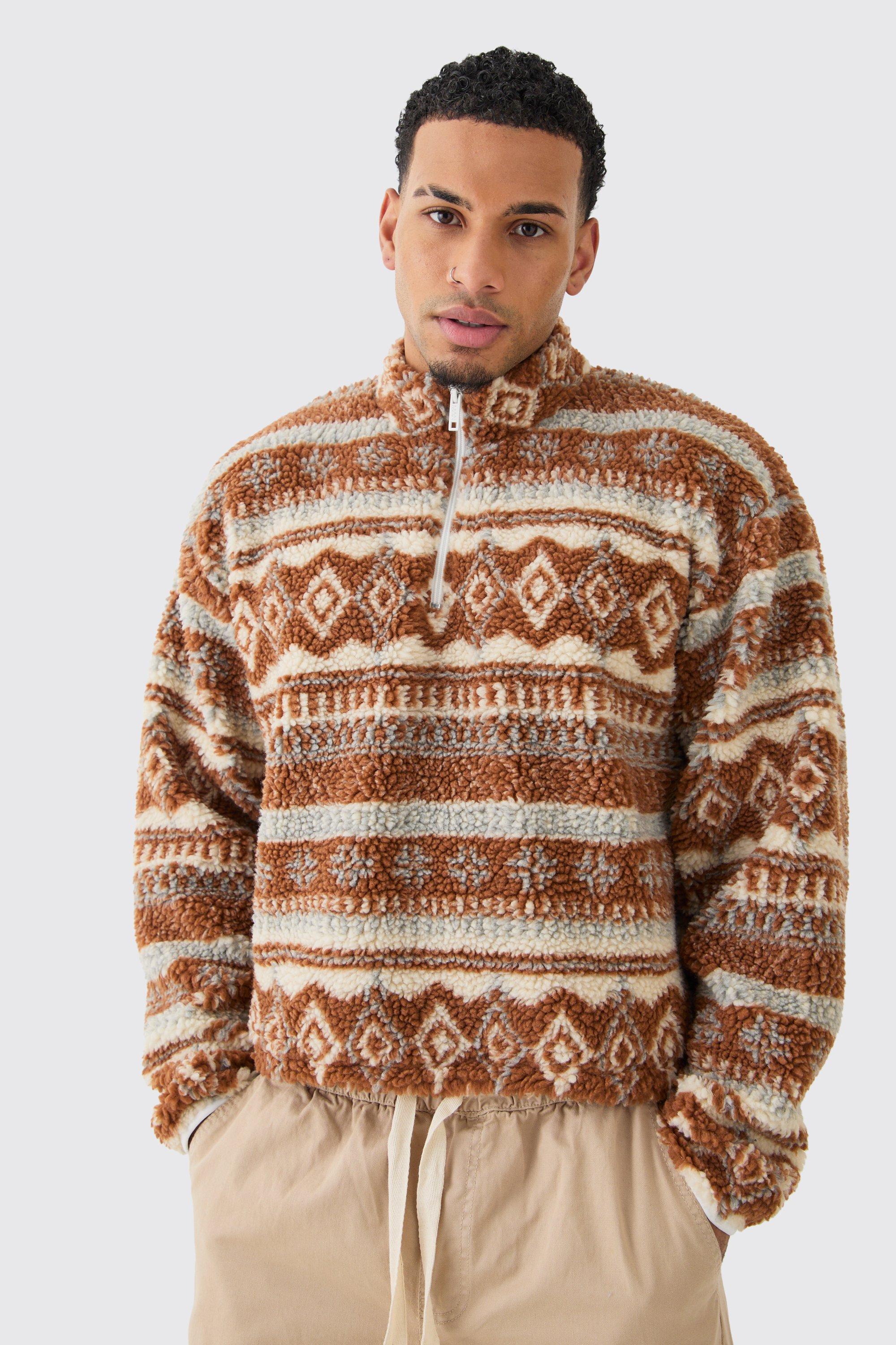 Mens Brown Borg Quarter Zip Aztec Shirt, Brown