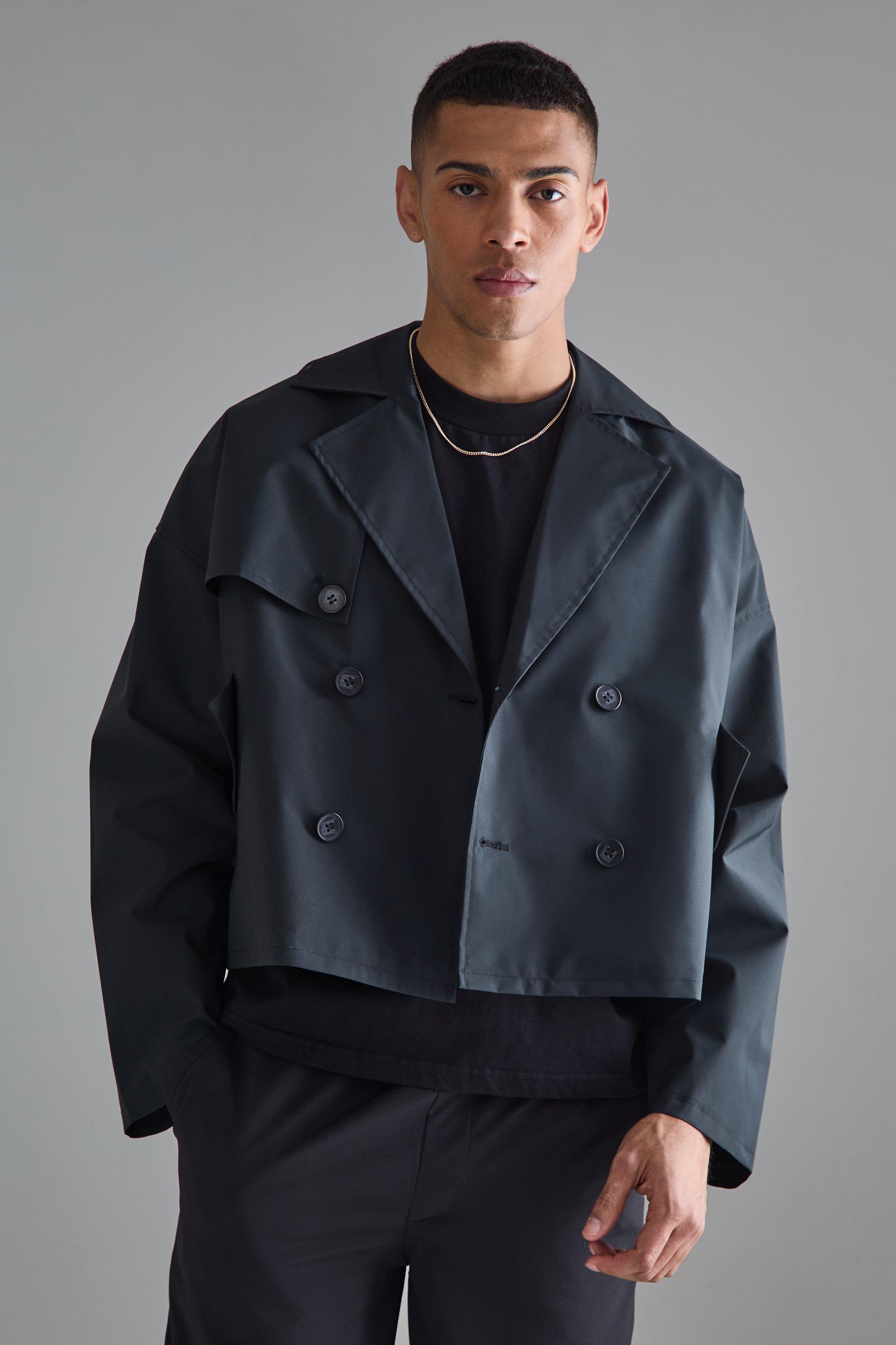 Mens Black Cropped Double Breasted Trench Coat, Black