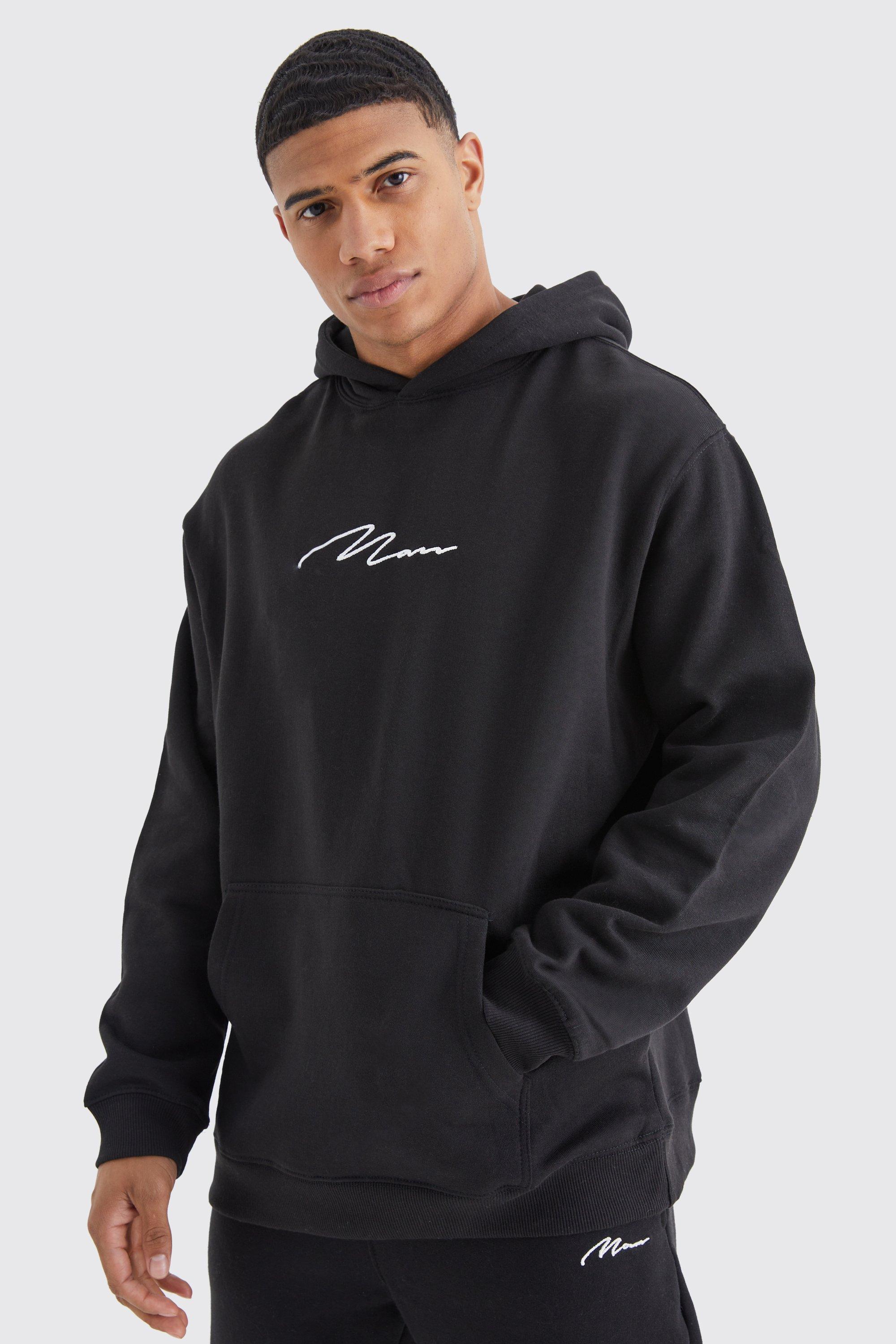 Mens Black Oversized Man Signature Over The Head Hoodie, Black