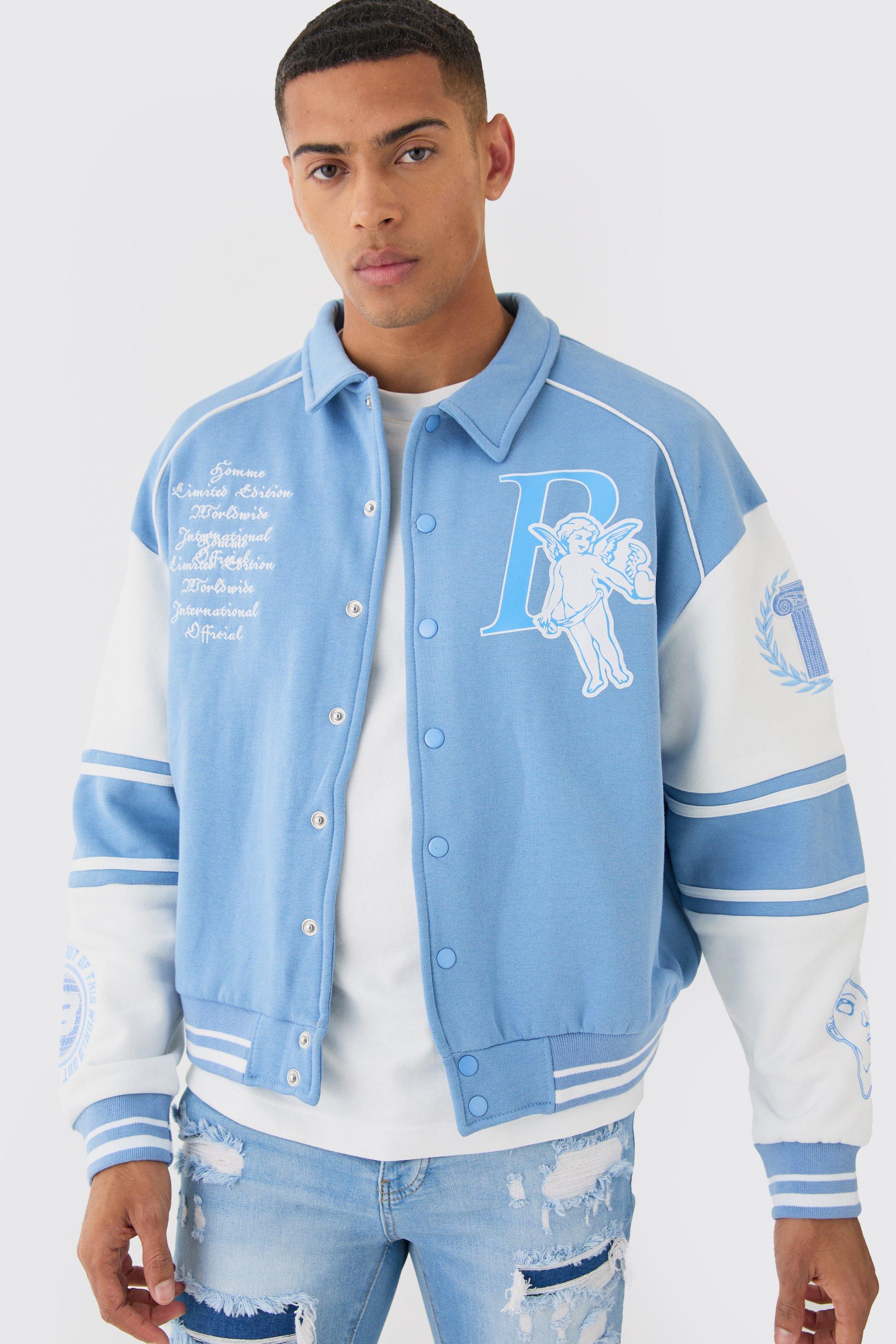 Image of Boxy 13 Applique Jersey Varsity Harrington Jacket, Azzurro