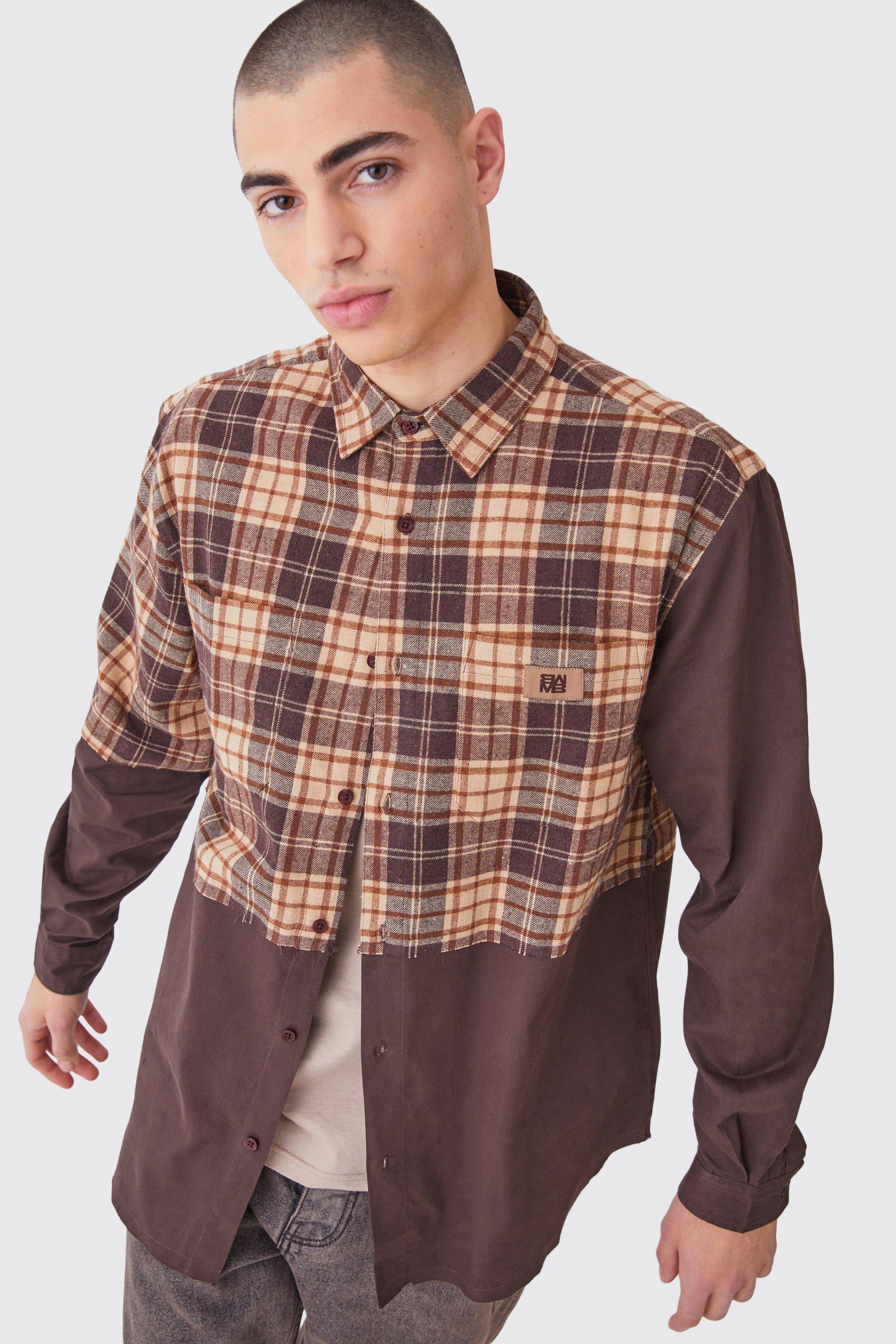 Mens Brown Oversized Twill Spliced Check Overshirt, Brown