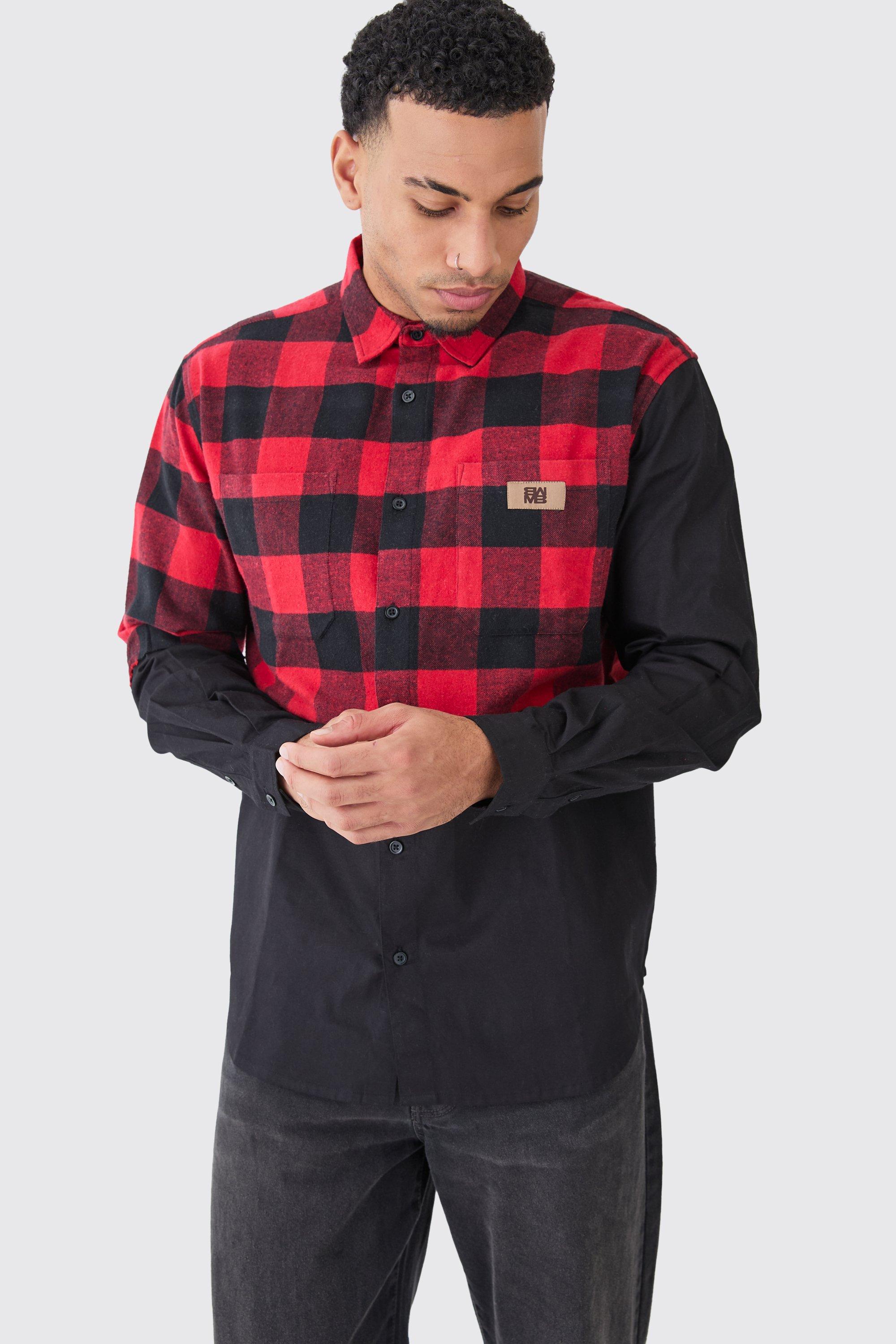 Mens Red Oversized Twill Spliced Check Overshirt, Red